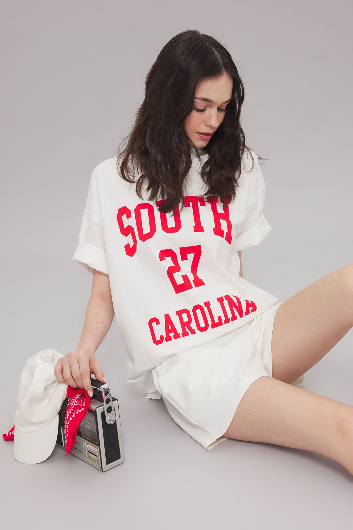Trendyol Collection-100% Cotton Ecru Slogan Oversize Top and Short Shorts Set - Twoss25Au00039 2