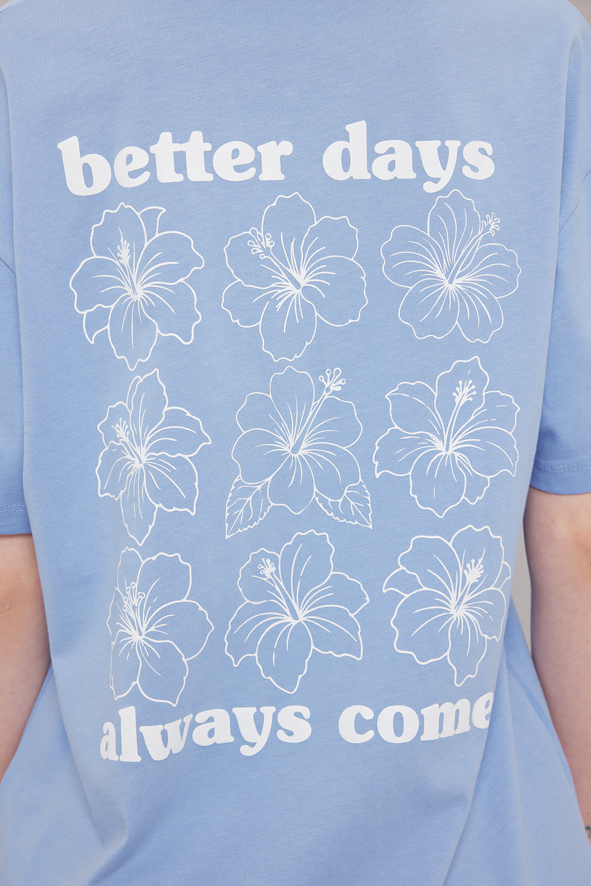 Trendyolmilla  Açık/Bebe Mavi %100 Kalın Pamuklu Oversize/Geniş Kalıp Ön Arka Baskılı Örme T-Shirt TWOSS25TS00059 - Görsel 3