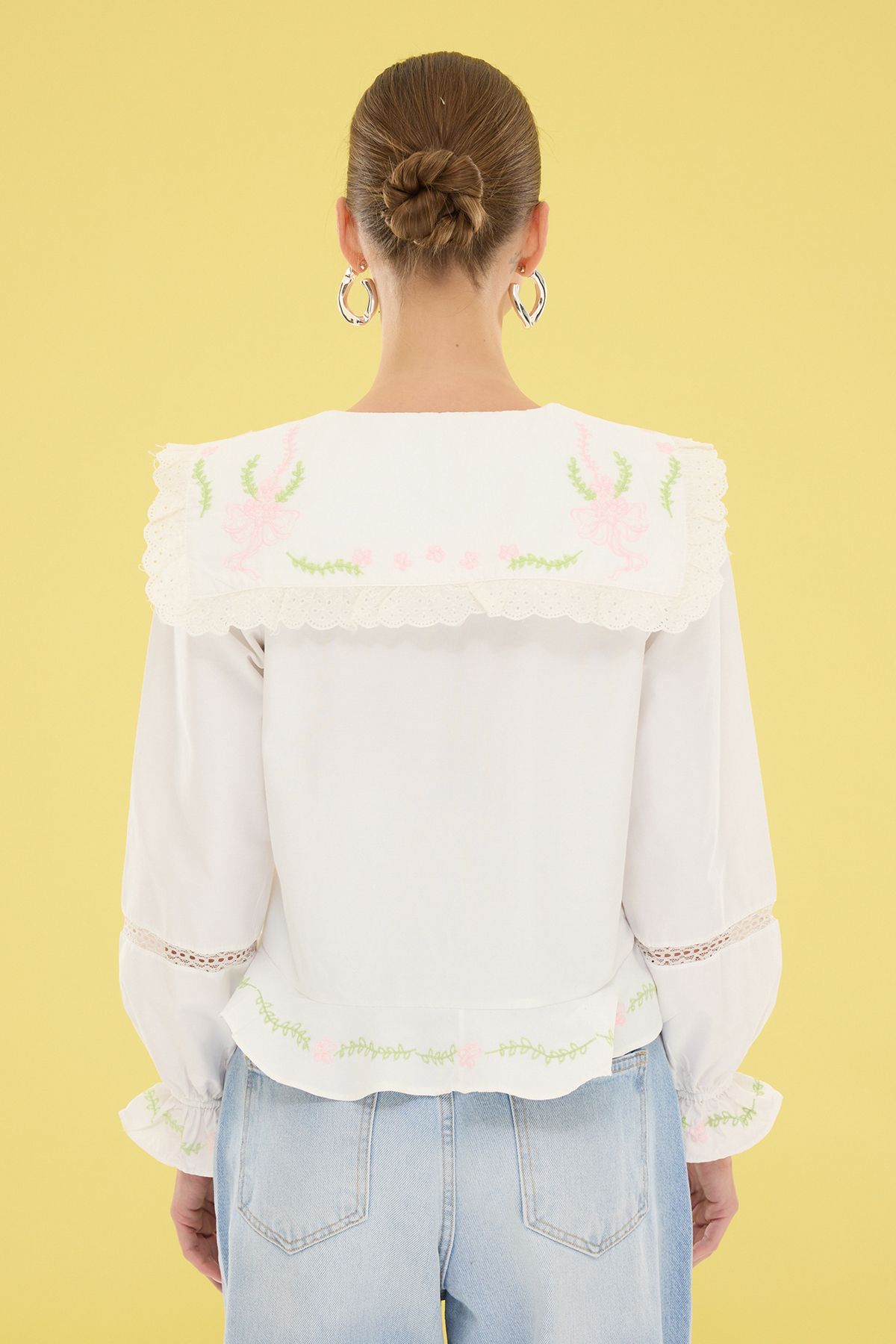 Trendyol Collection-Ecru V-Neck Embroidery Detail Ruffle Shirt Twoss25Go00103 4