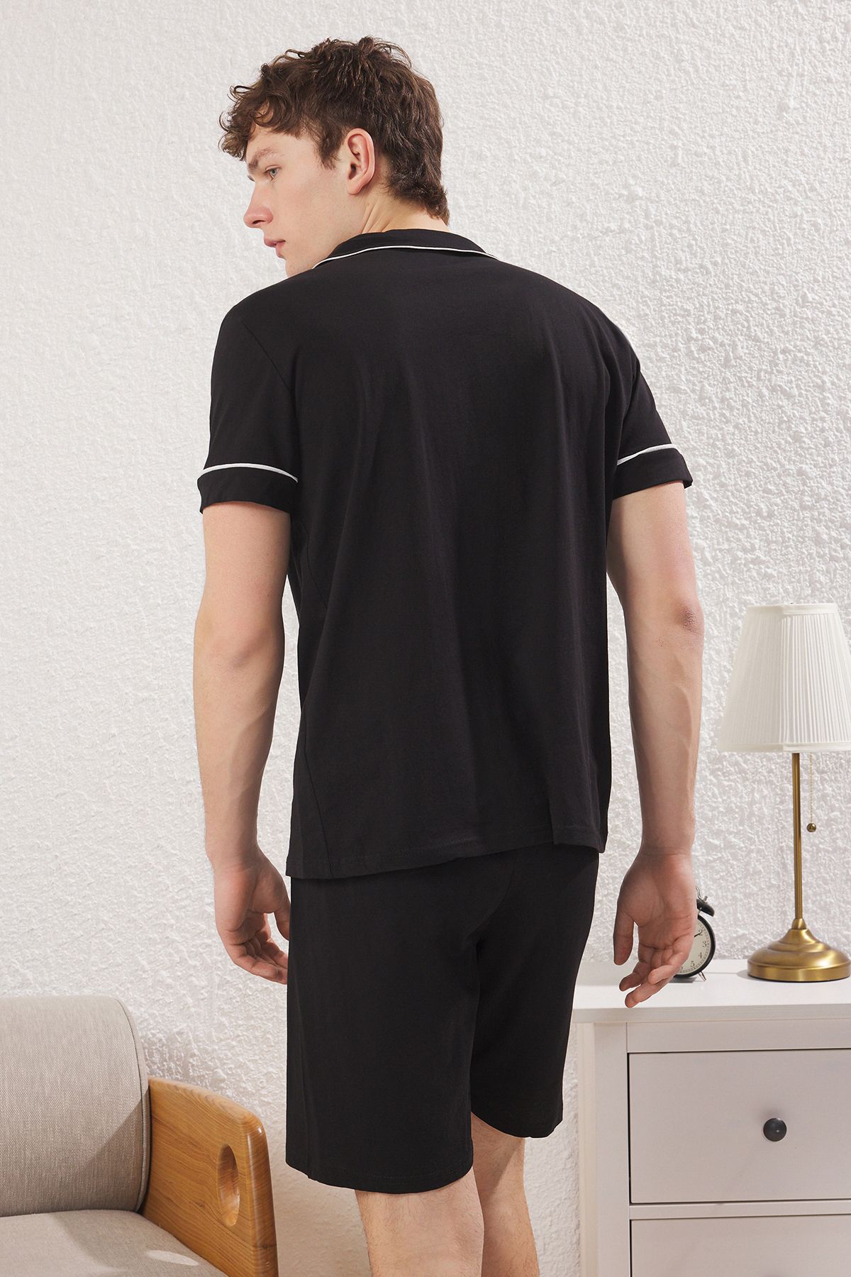 Trendyol Collection-Black Regular Fit Knitted Pajamas Set with Buttoned Piping Detail Shorts Tmnss25Pt00047 4