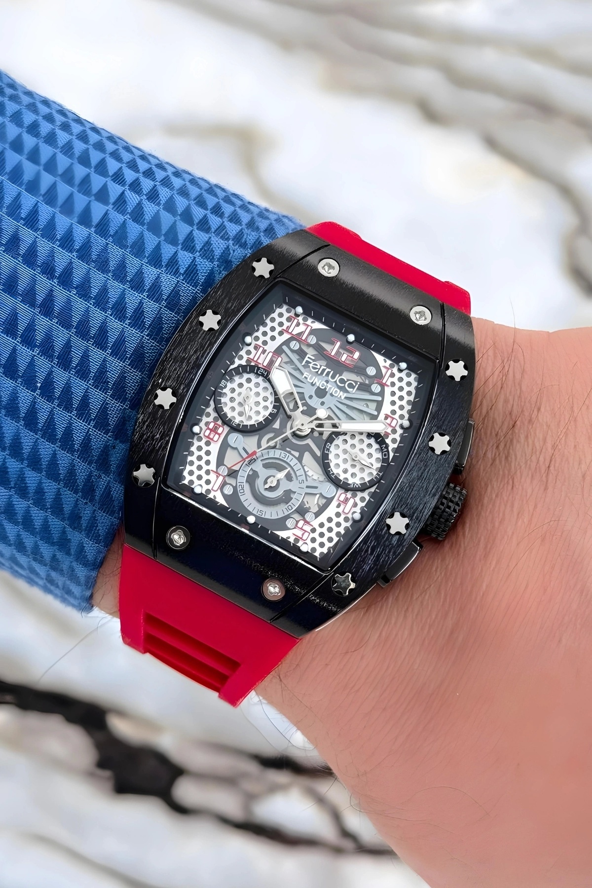 قرمز رنگ سیم سیلیکونی FCF.03258FS.03 ساعت مچی مردانه عملکردی + بند مچی zmfer156