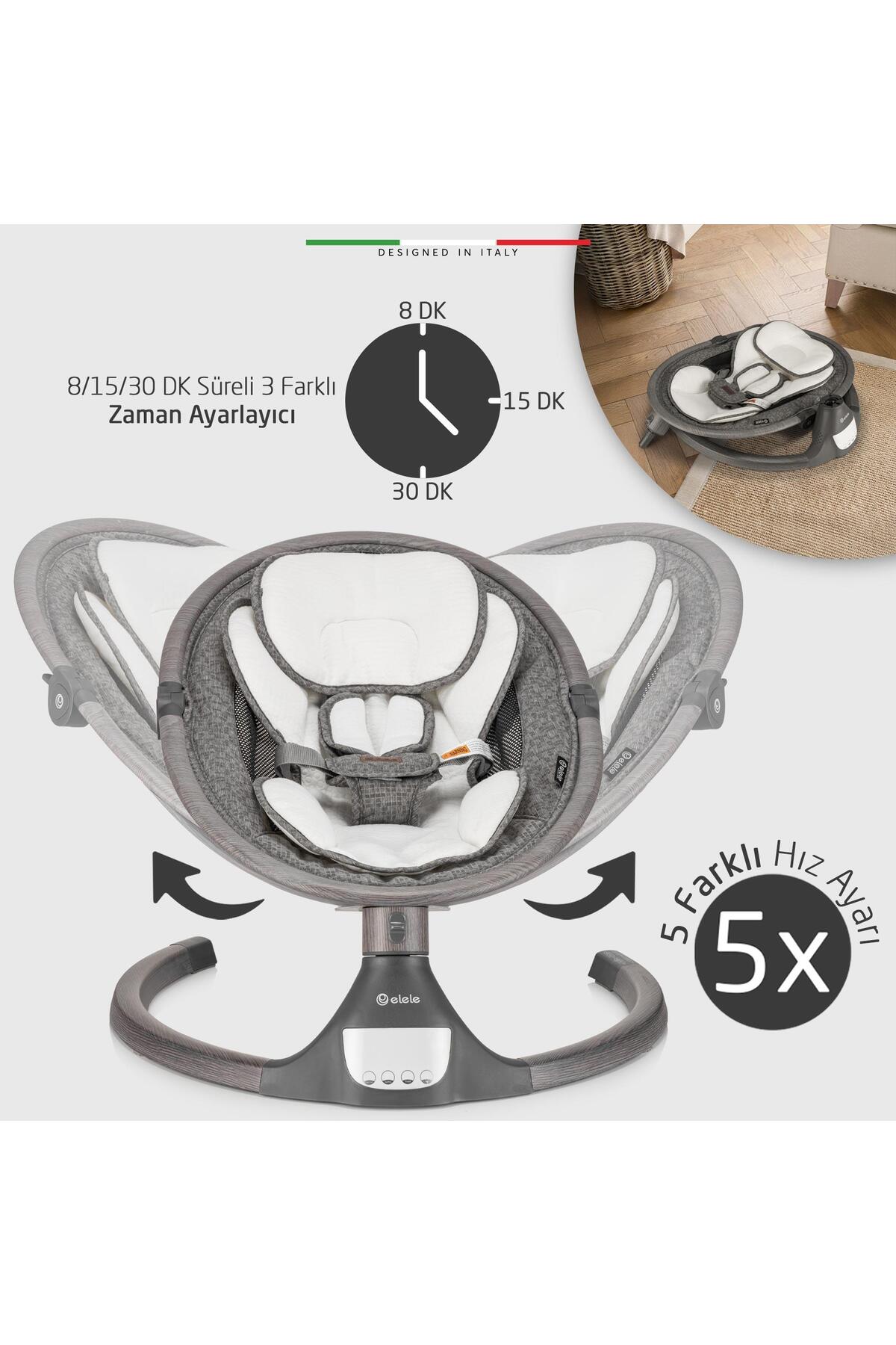 Elele Amore 2 Elektrikli Otomatik Sallanan Ana Kucağı Kademeli Antrasit fotoğrafı 5 (önizleme)