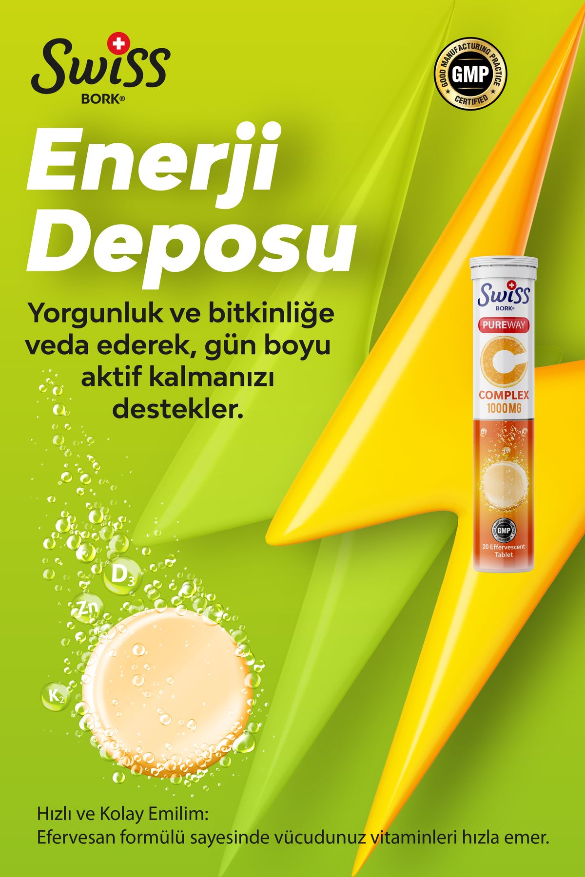 Bork Swiss Natural-C Complex Effervescent Tablets 20 Pack Multivitamin and Mineral Effervescent Vitamin D - K2 - Zinc 5