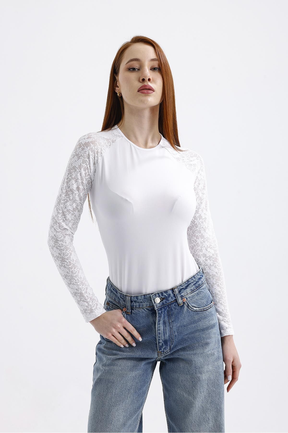 Miss Murem-White Lace Sleeve Bodysuit - White 2