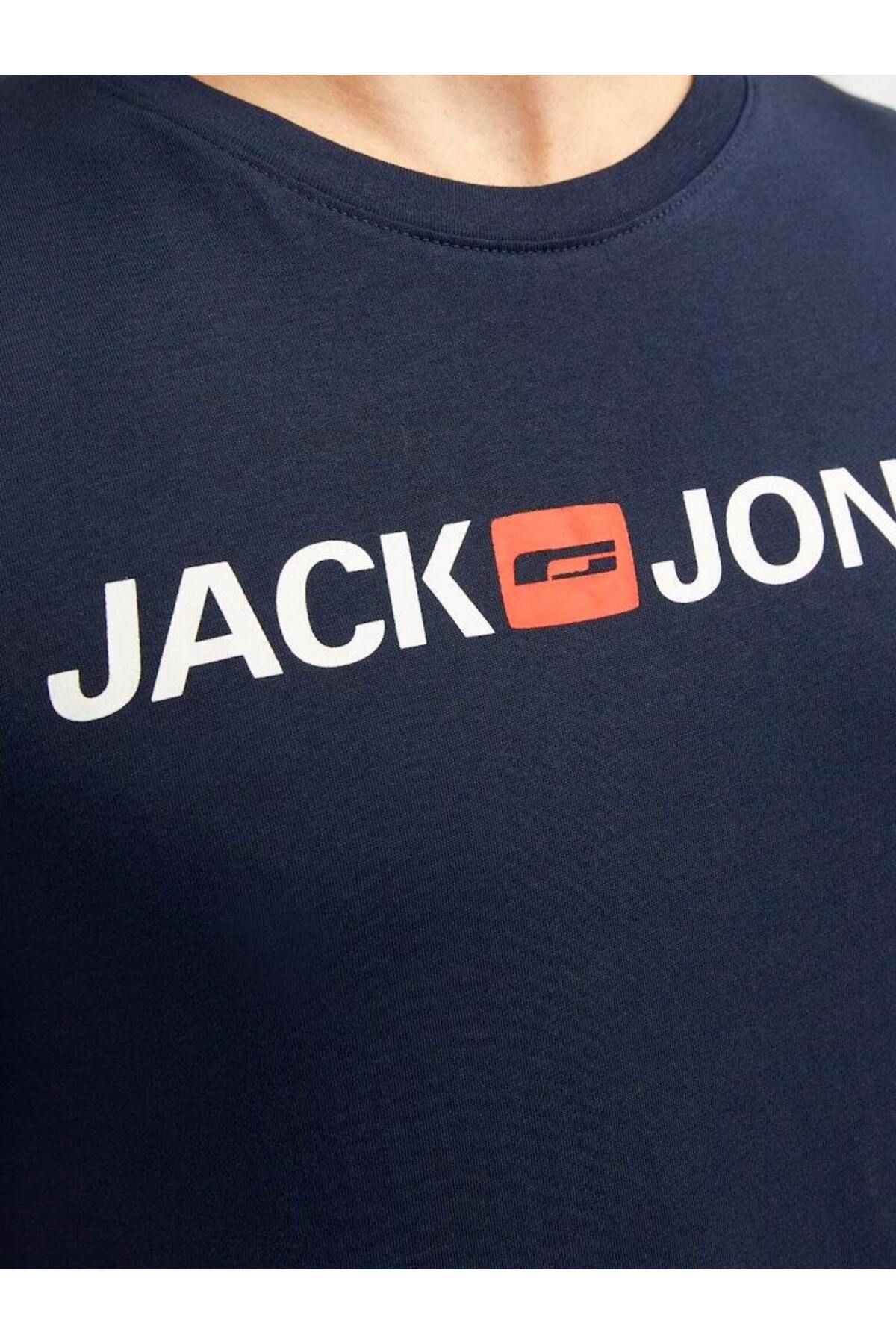 Jack & Jones-تي شيرت رجالي JJECORP بشعار SS CREW باللون الأزرق الداكن 101069453 2