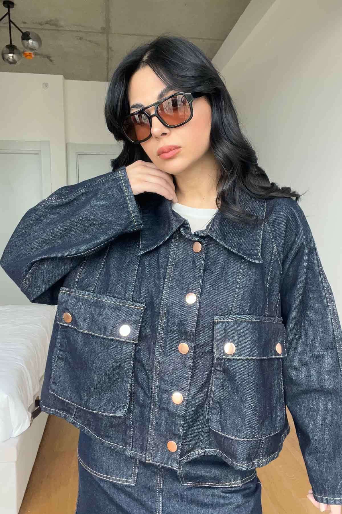 Seda Yalçın Atelier-Navy Blue Cargo Pocket Gold Buttoned Denim Jacket 2