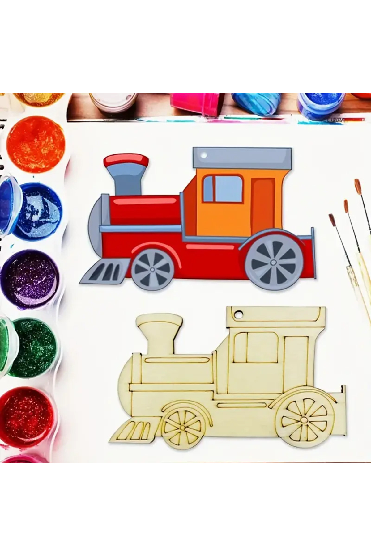 Ahşap Boyama Seti 10 Adet Tren Temalı Boyama Seti+6 lı Boya+2 Fırça