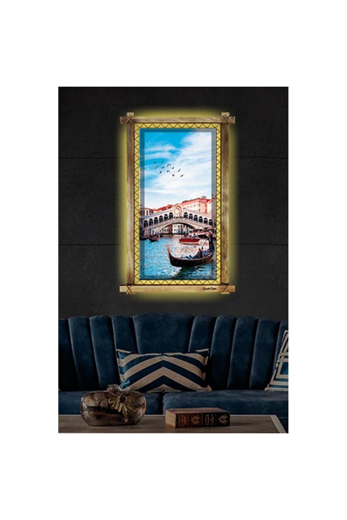 sheron style Kanvas Venedik Kayık Led Işıklı Rustik Tablo