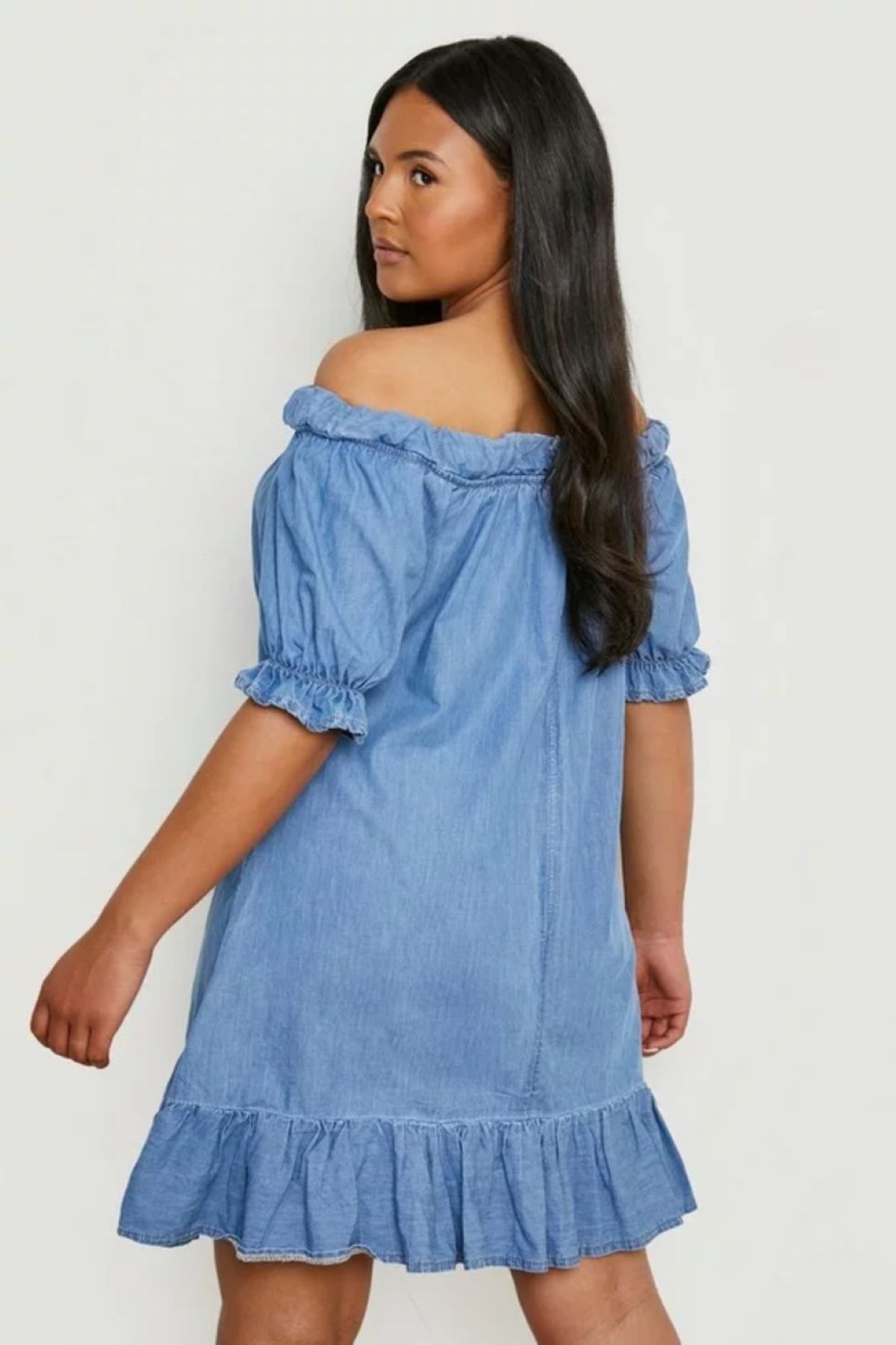 Şans-Women's Plus Size Blue, Washed Denim Fabric, Hemline Ruffles, Off-The-Shoulder Dress 65N38797 4