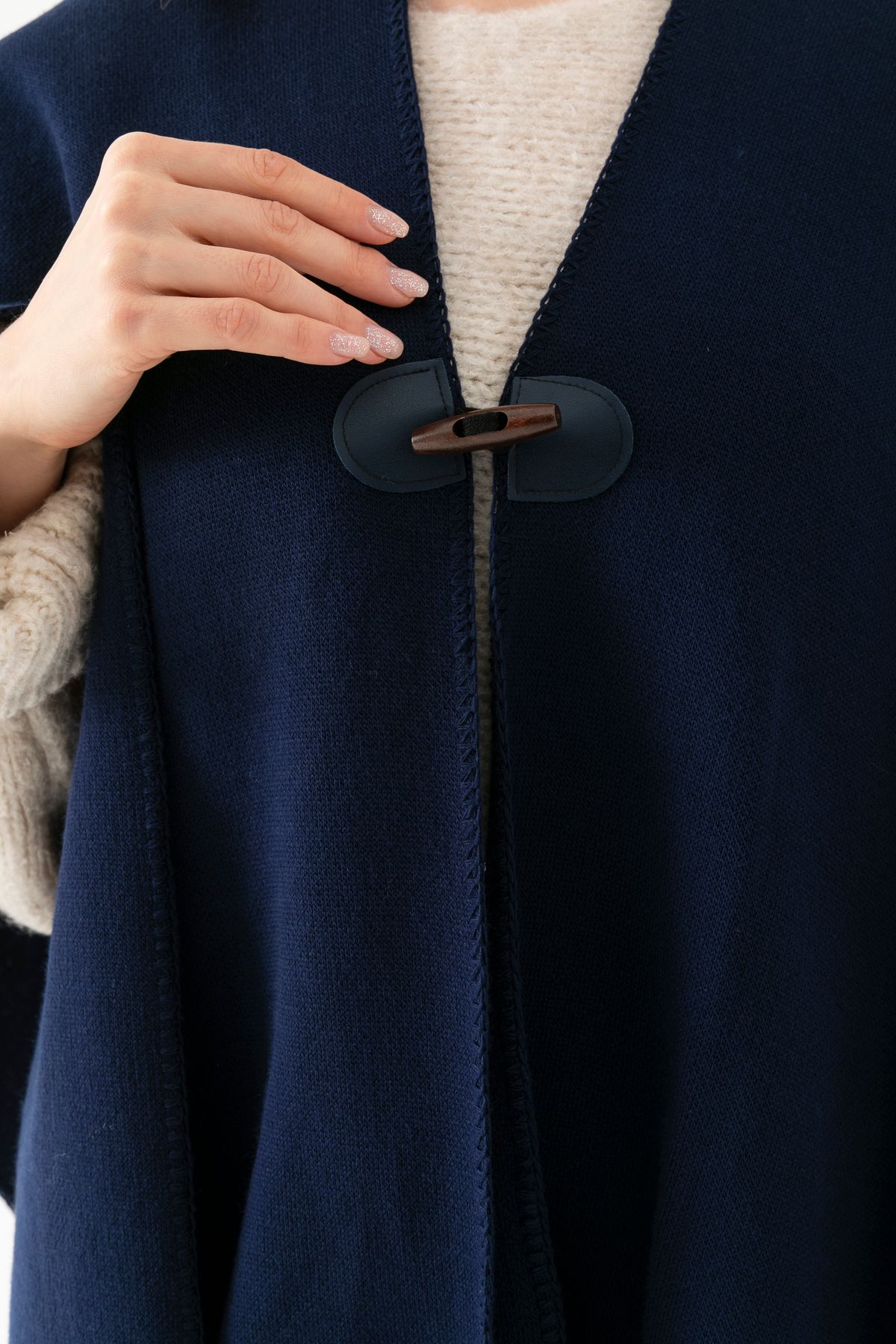 VEGA MODA-Plain Knitwear Fisherman Stitched Button Detailed Stylish Designed Poncho, Poncho, Plain Patternless Shawl Poncho 6