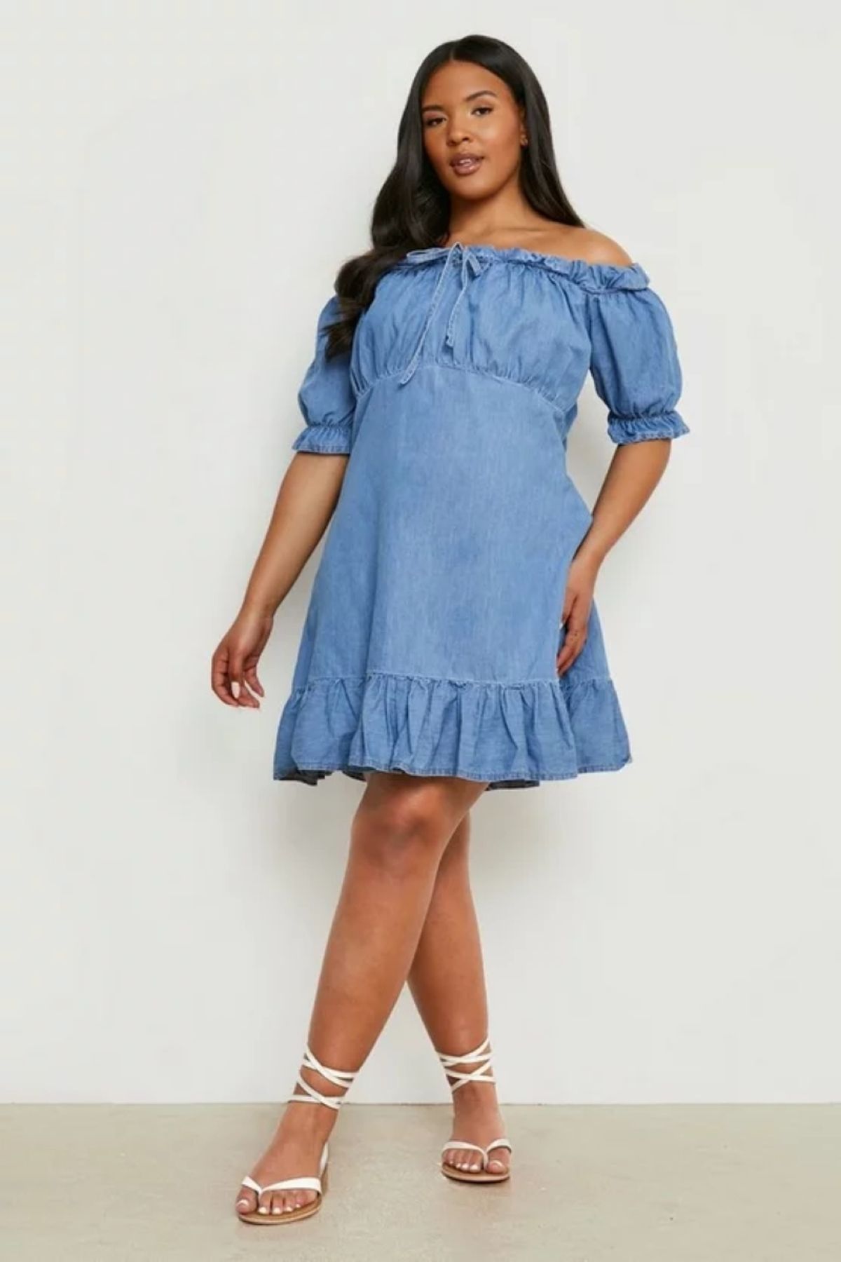 Şans-Women's Plus Size Blue, Washed Denim Fabric, Hemline Ruffles, Off-The-Shoulder Dress 65N38797 3