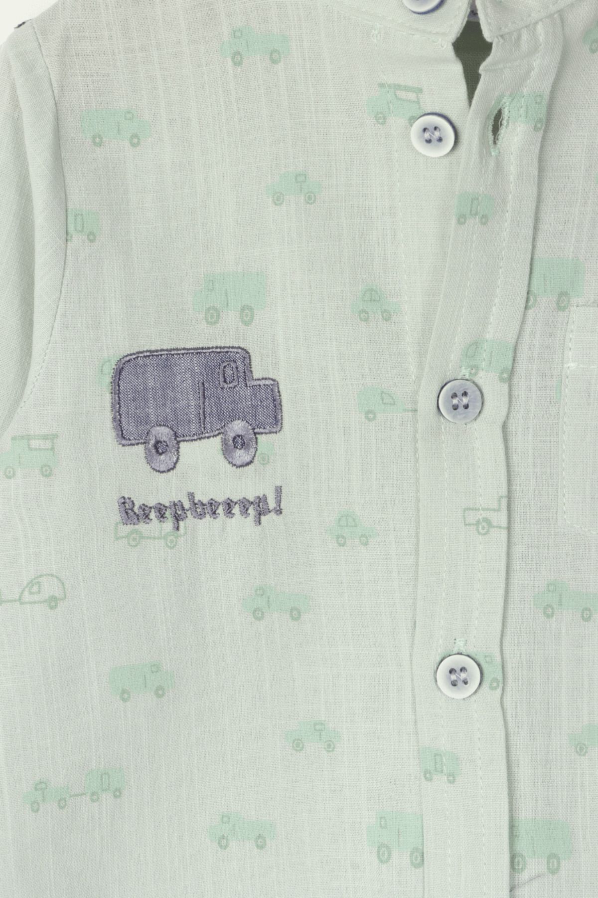 Biminik-Baby Boy Vehicle Patterned Shirt and Denim Pants with Pockets Double Set Green 6