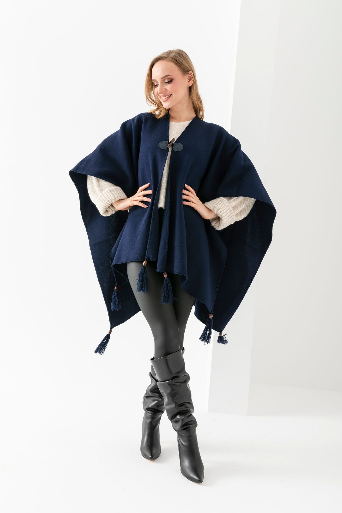 VEGA MODA-Plain Knitwear Fisherman Stitched Button Detailed Stylish Designed Poncho, Poncho, Plain Patternless Shawl Poncho 8