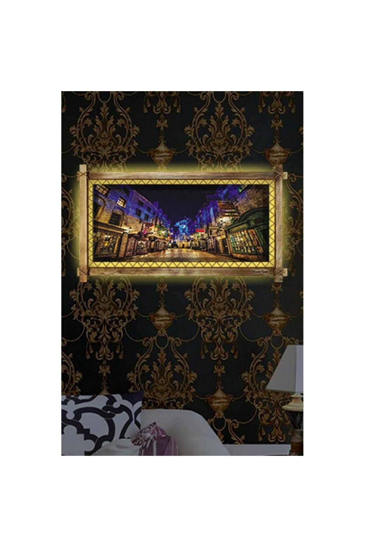 sheron style Kanvas Gece Sokak Işıklar Led Işıklı Rustik Tablo