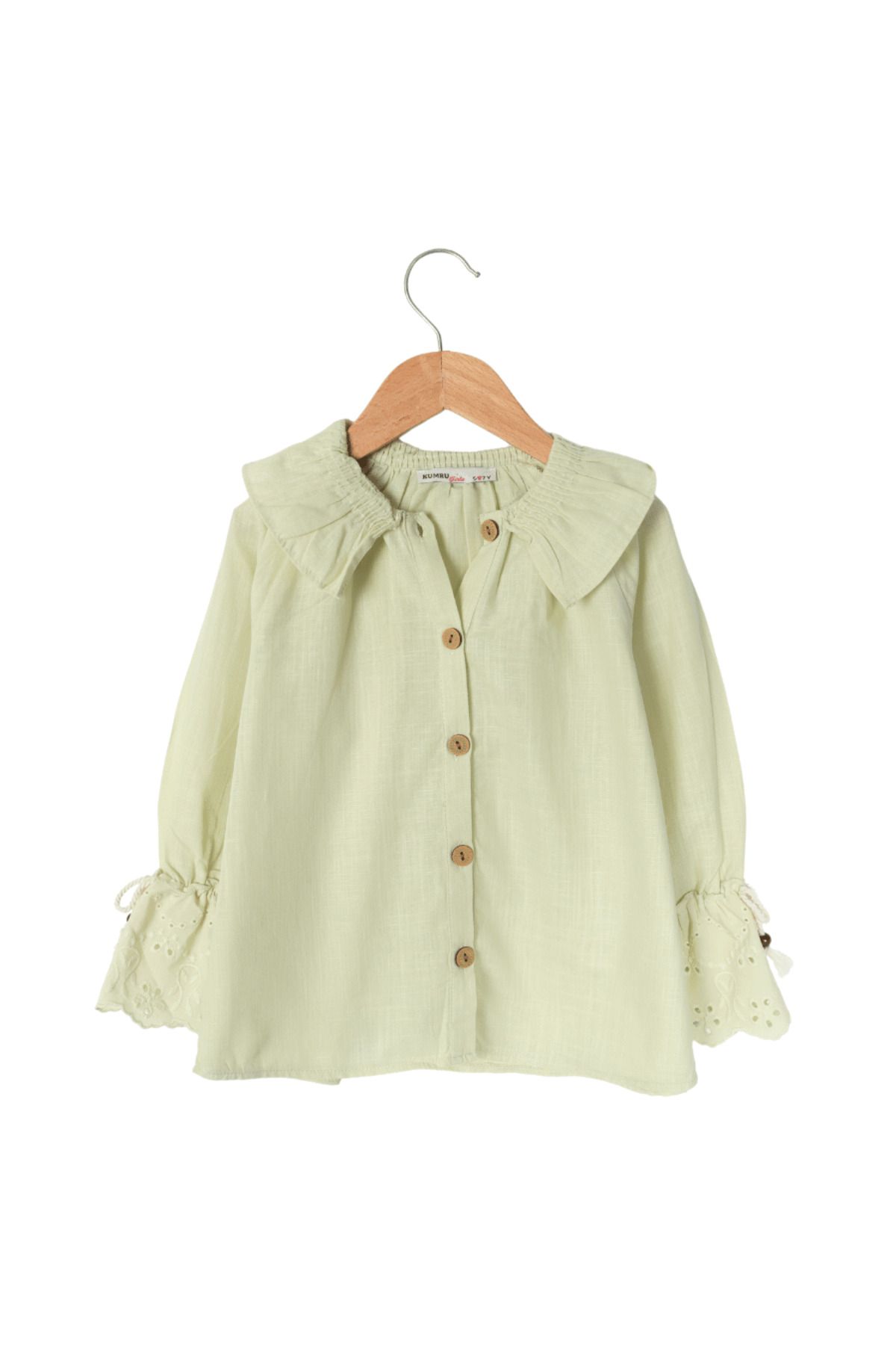 Biminik-Girl's Collar Ruffle Sleeve Embroidery Detailed Shirt Light Green 1