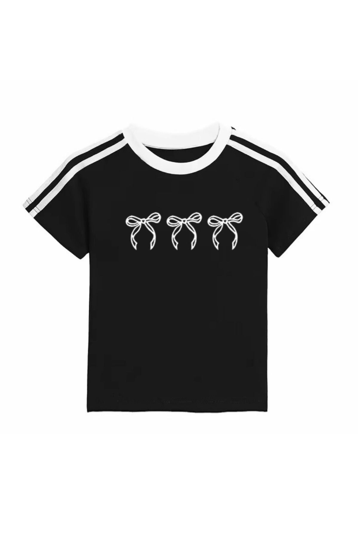 Touz Moda-Crop Cut - Ribbon Printed Double Stripe Blouse Bodysuit 1
