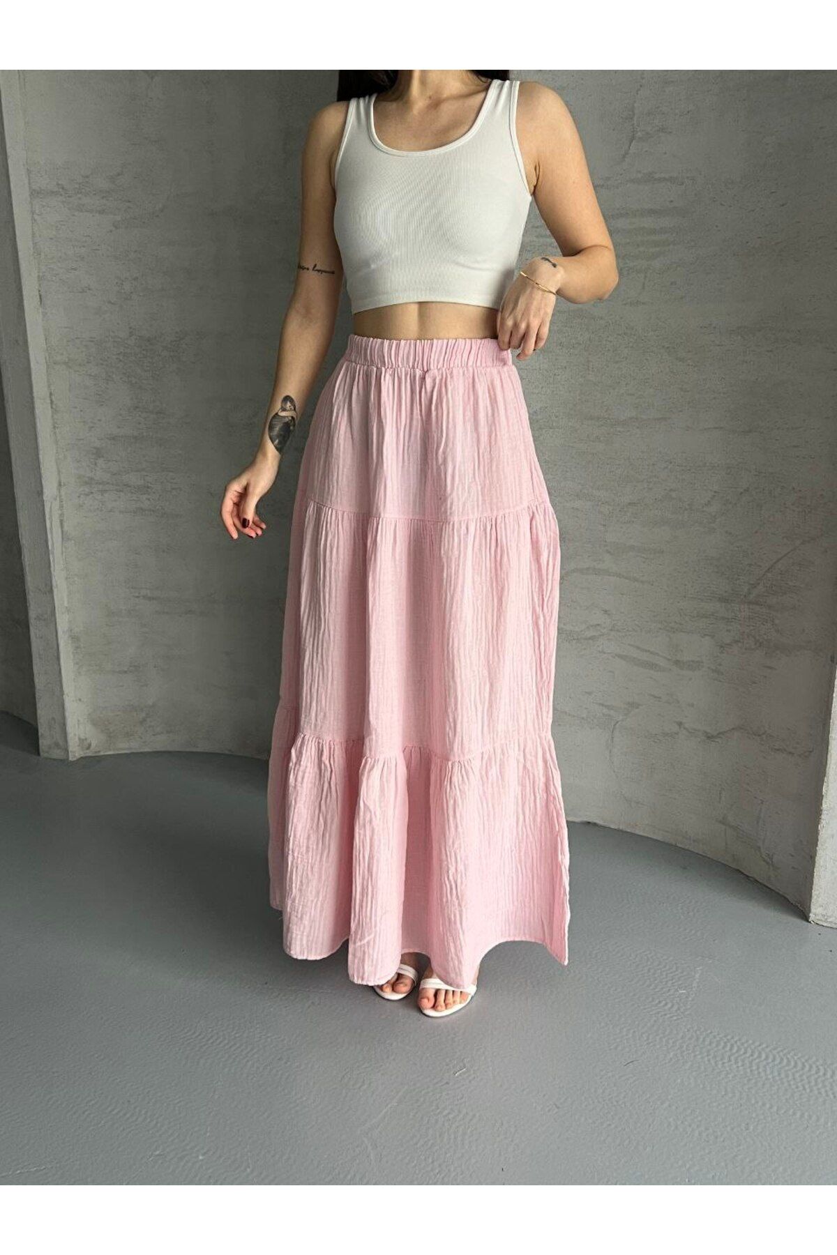 İLKCET MODA-Gathered Layered Muslin Fabric Long Skirt 3