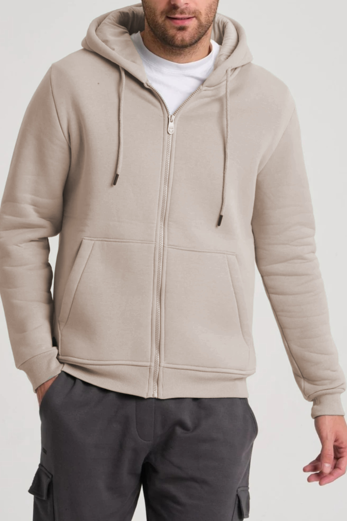 Bej Düz Unisex Oversize (3 IPLİK) Kalın Içi Polarlı Hırka — بژ MKHRKAKCP04 — تصویر 3 از 7