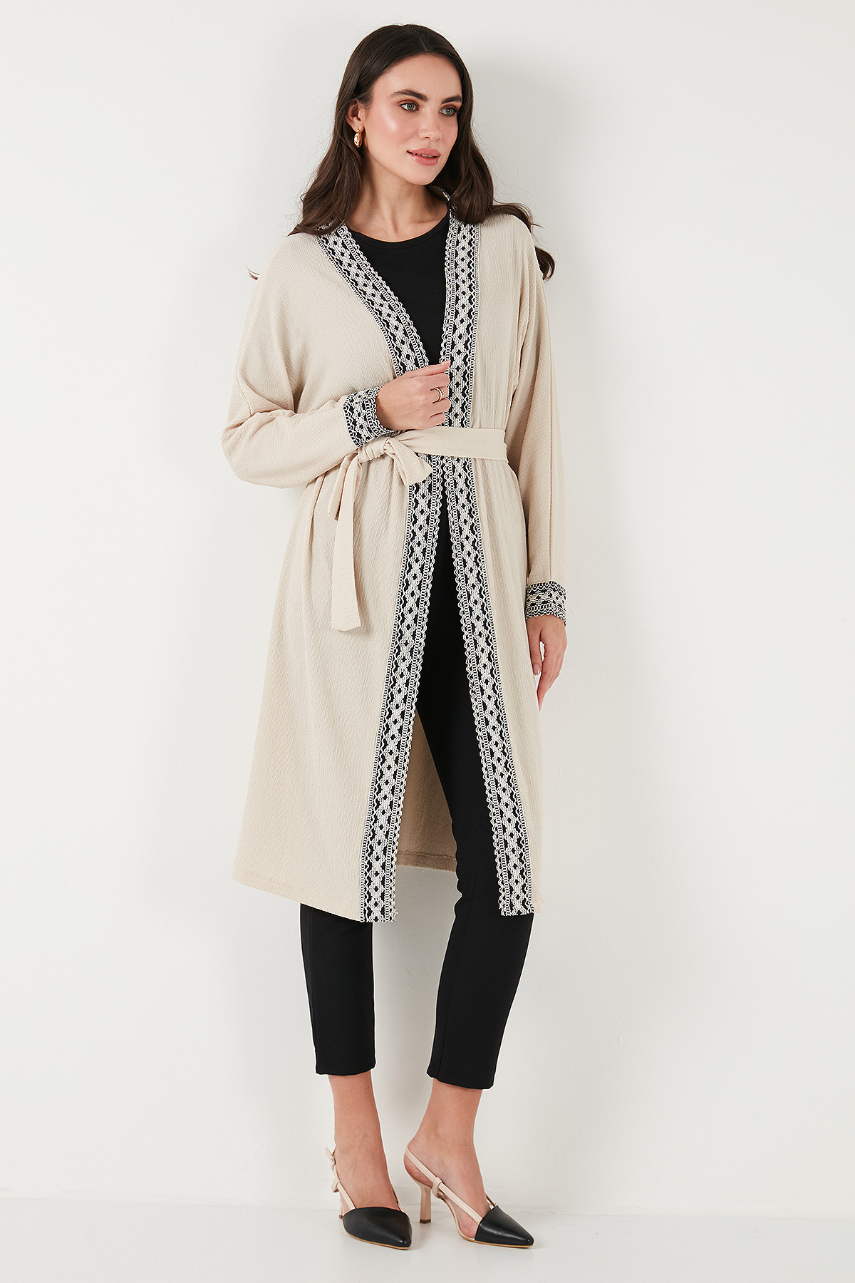 Lela-Long Kimono Cardigan - Modest Regular Fit Tie-Up Embroidered Hijab 6