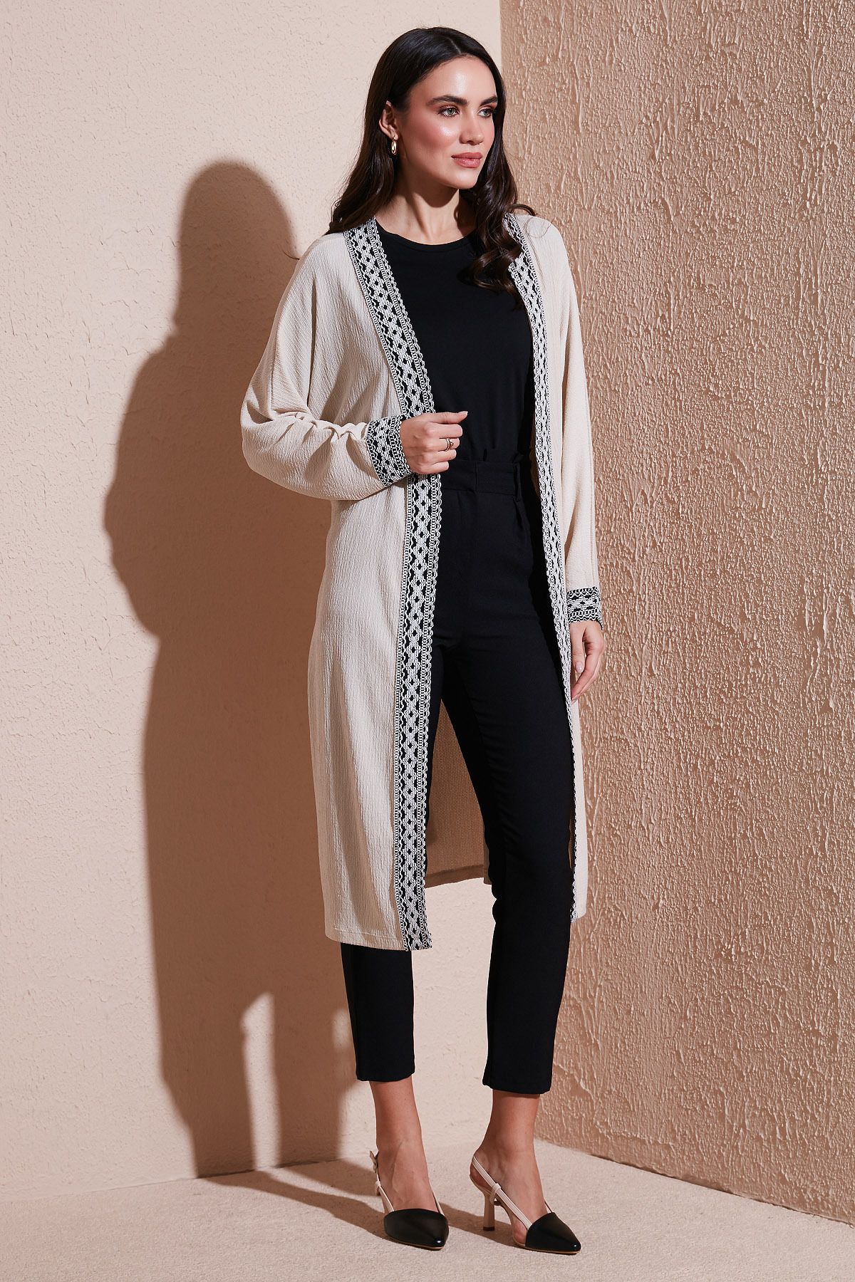 Lela-Long Kimono Cardigan - Modest Regular Fit Tie-Up Embroidered Hijab 3