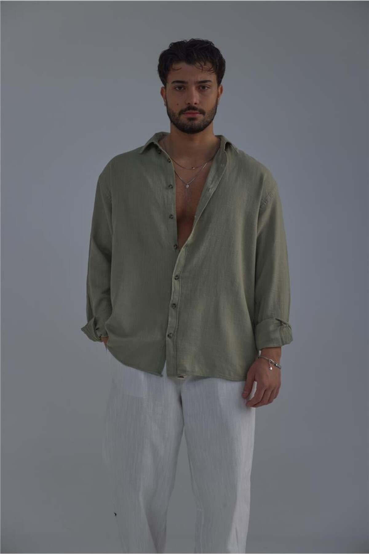 OUTFİT MAN-Light Khaki Men's Braided Oversize Shirt 4