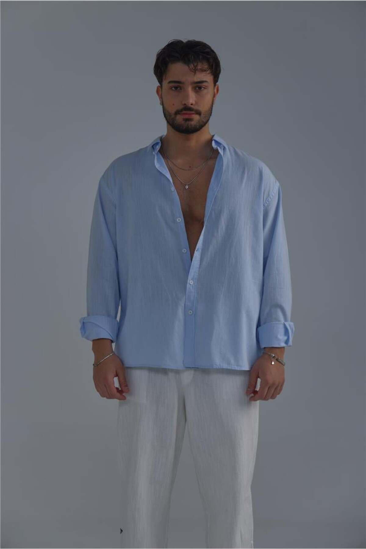 OUTFİT MAN-Men's Lapel Buttoned Linen Shirt Light Blue 3