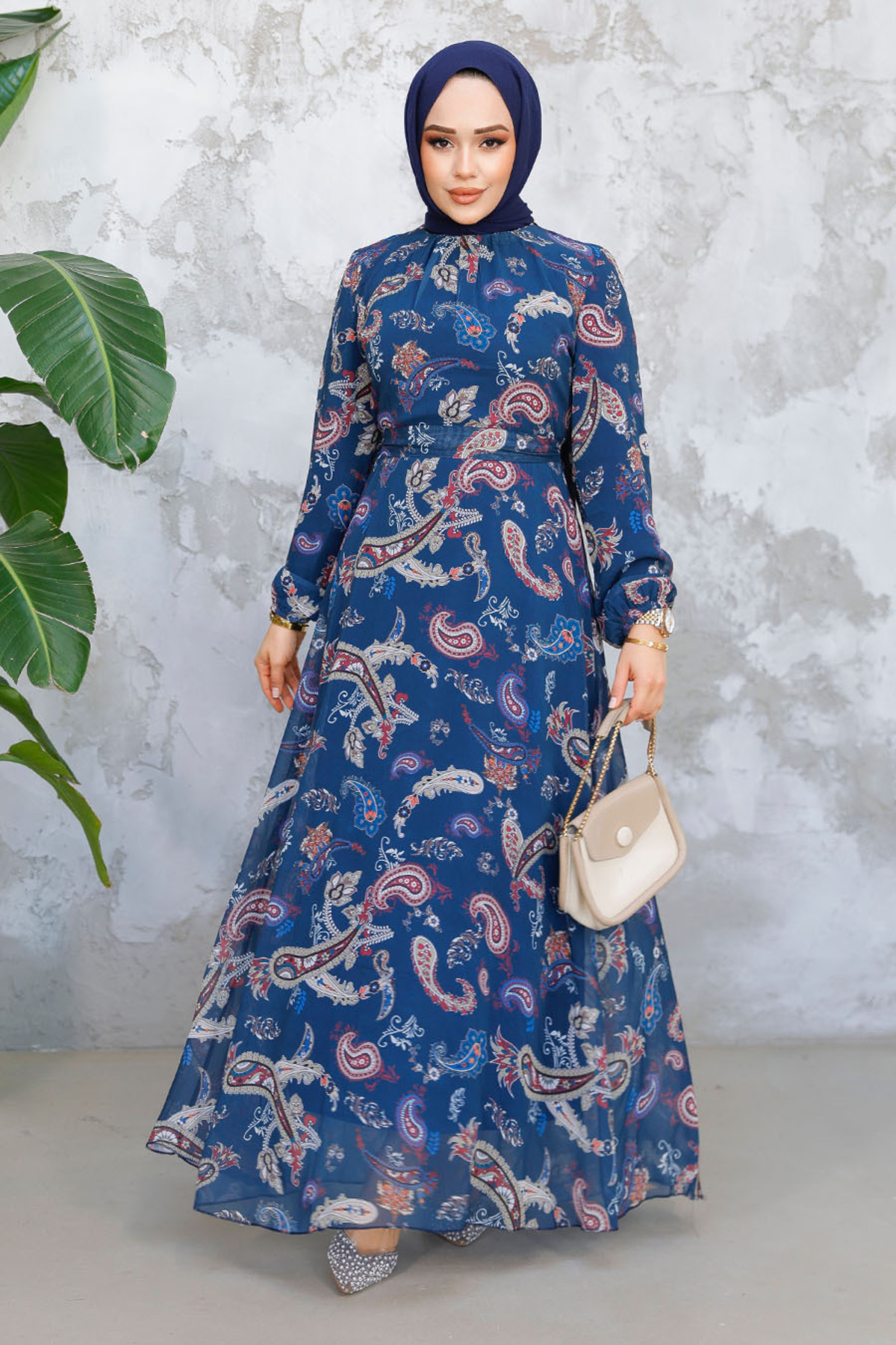 Neva Style-Rochie Hijab Verde Petrol cu ​​Model Floral 52681PY 1