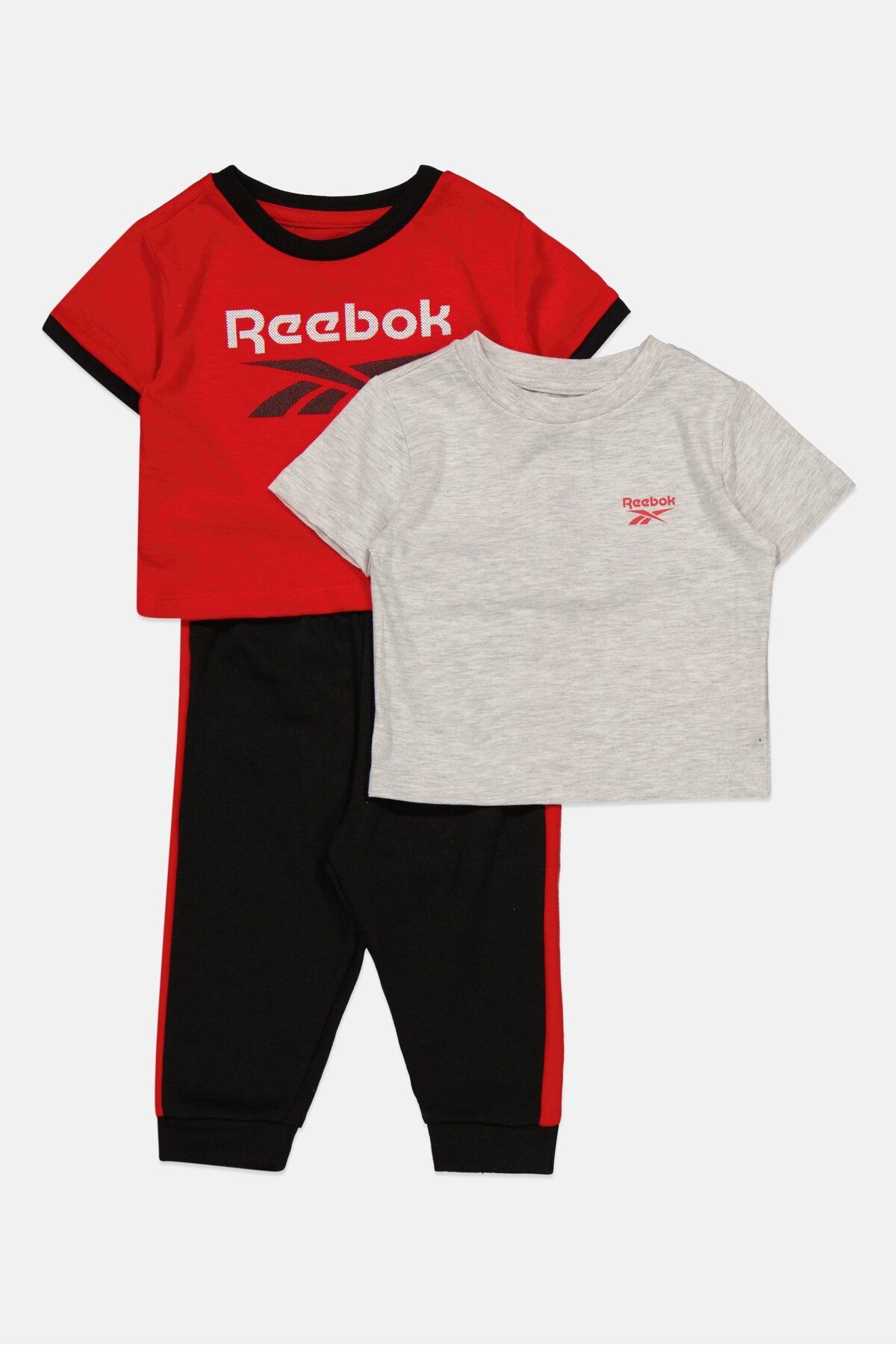 Reebok-تي شيرت رياضي بشعار العلامة التجارية للأولاد الصغار مكون من 3 قطع وسراويل رياضية باللون الأسود 1