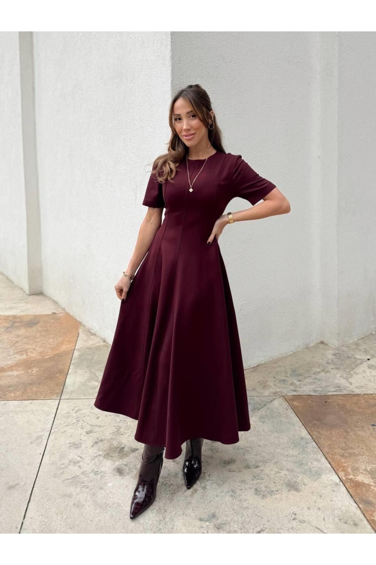 Maldia Shop-Women's Maxi Length Flared Princess Burgundy Dress 6