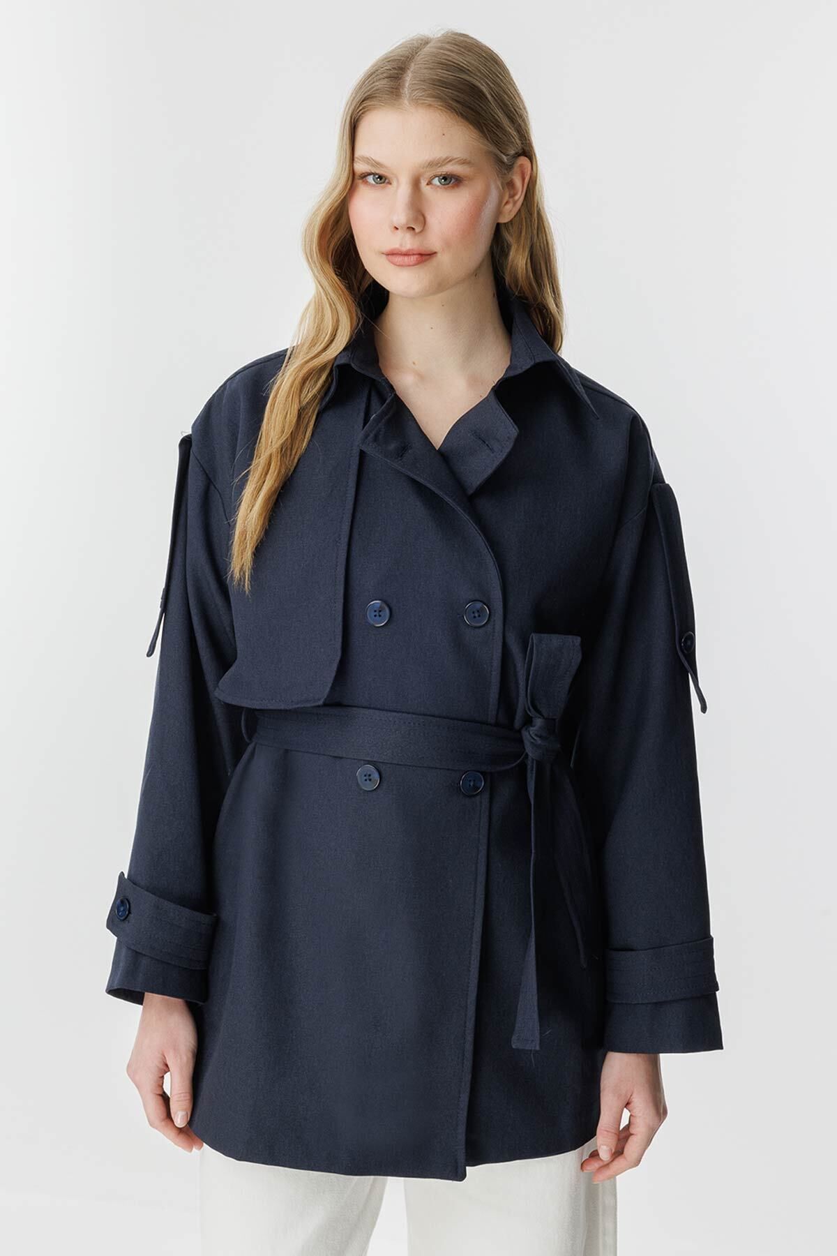 Hooopstore-Kruvaze Overize Short Dark Blue Trench Coat 2