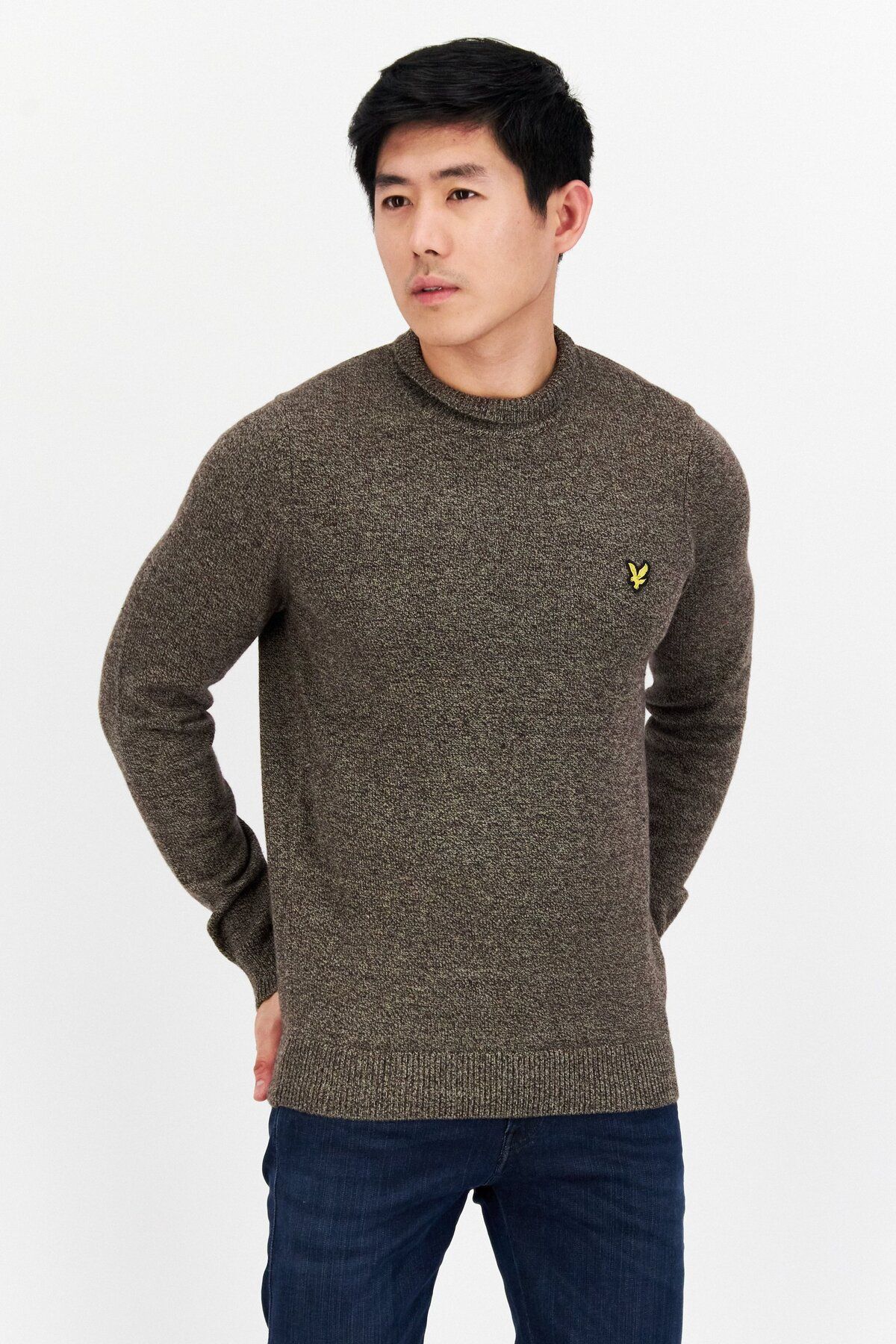 Lyle & Scott-Men High Neck Long Sleeve Embroidered Logo Sweater, Khaki Smoke 1