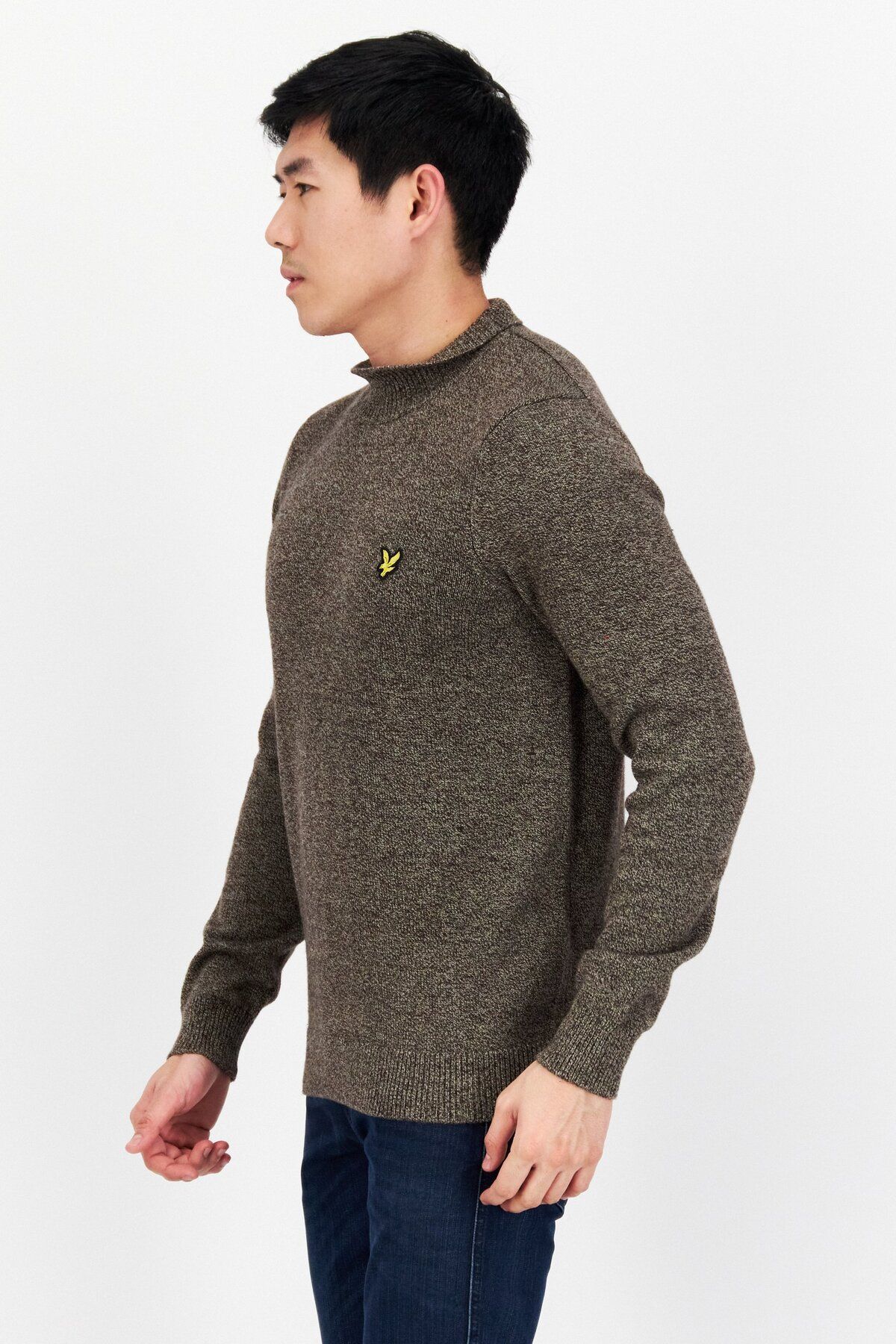 Lyle & Scott-Men High Neck Long Sleeve Embroidered Logo Sweater, Khaki Smoke 2