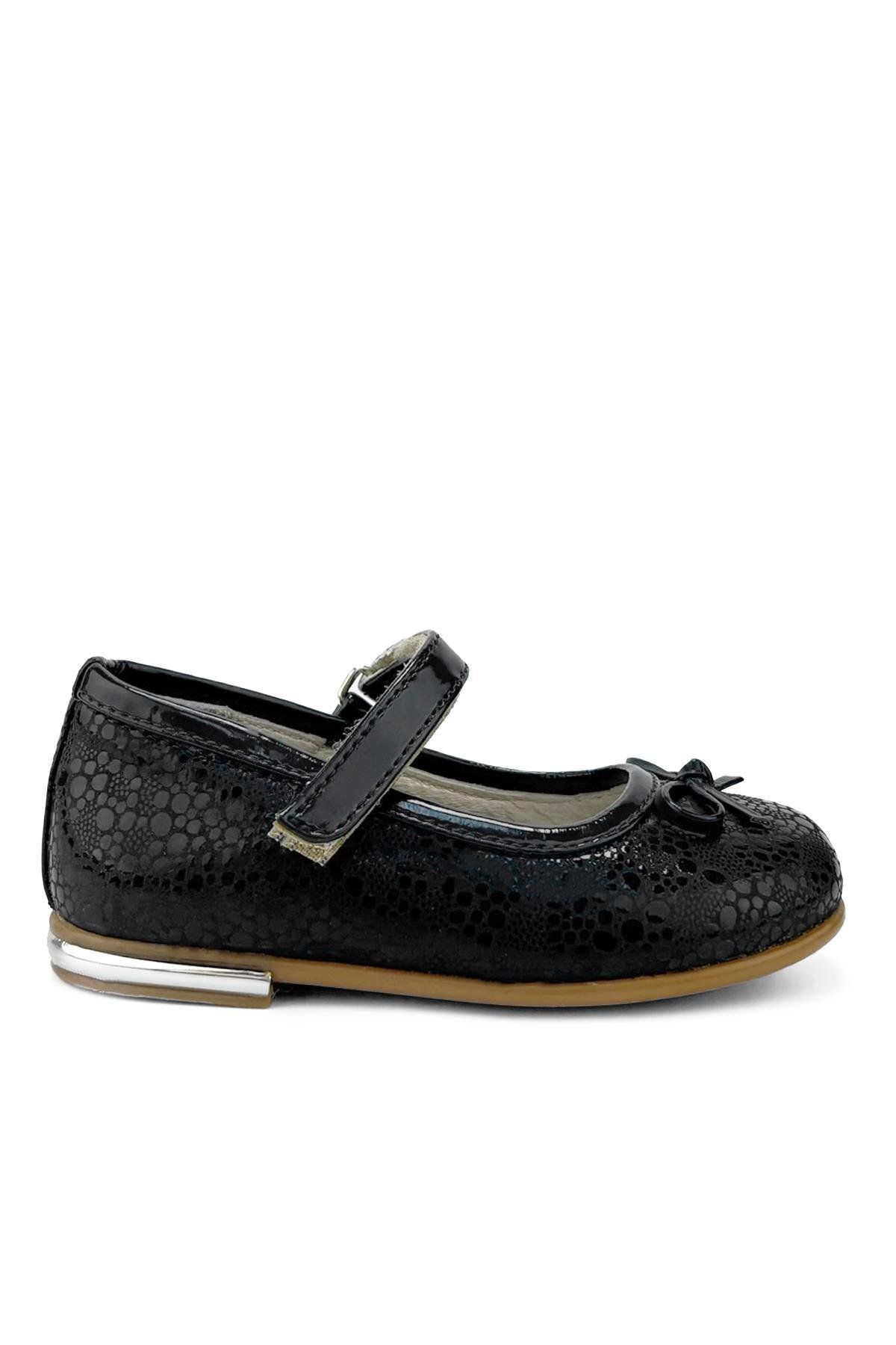 Cici Bebe Ayakkabı-Genuine Leather Navy Blue Printed Baby Girl Ballerinas 1