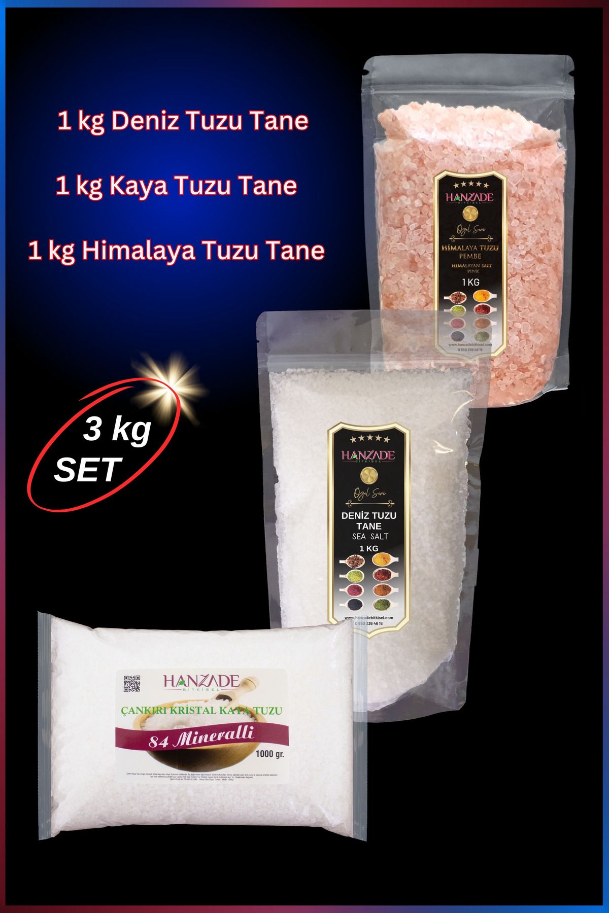 Hanzade Bitkisel Çankırı Kaya Tuzu + Himalaya Tuzu + Deniz Tuzu (Tane Öğütülmemiş, 1 Kg x 3’lü Set) Doğal Tuz Seti