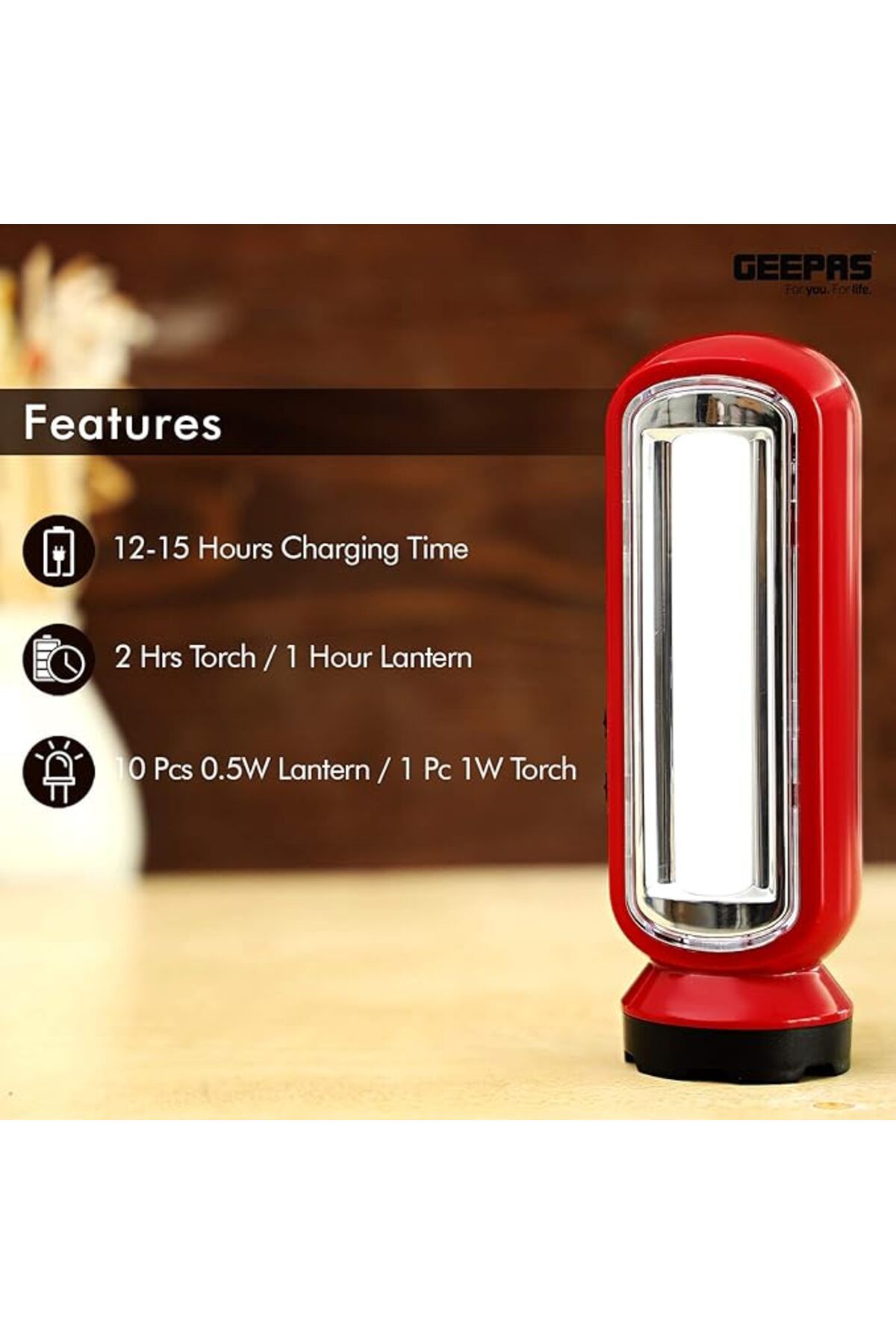 Geepas-GFL4676 مصباح LED قابل لإعادة الشحن مع فانوس طوارئ، متعدد الوظائف عند انقطاع التيار الكهربائي 6