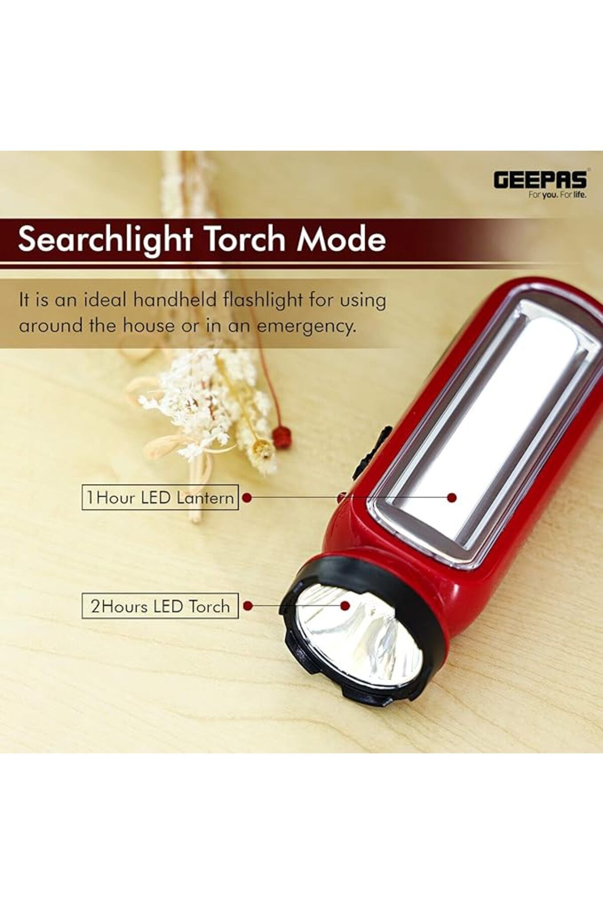 Geepas-GFL4676 مصباح LED قابل لإعادة الشحن مع فانوس طوارئ، متعدد الوظائف عند انقطاع التيار الكهربائي 4