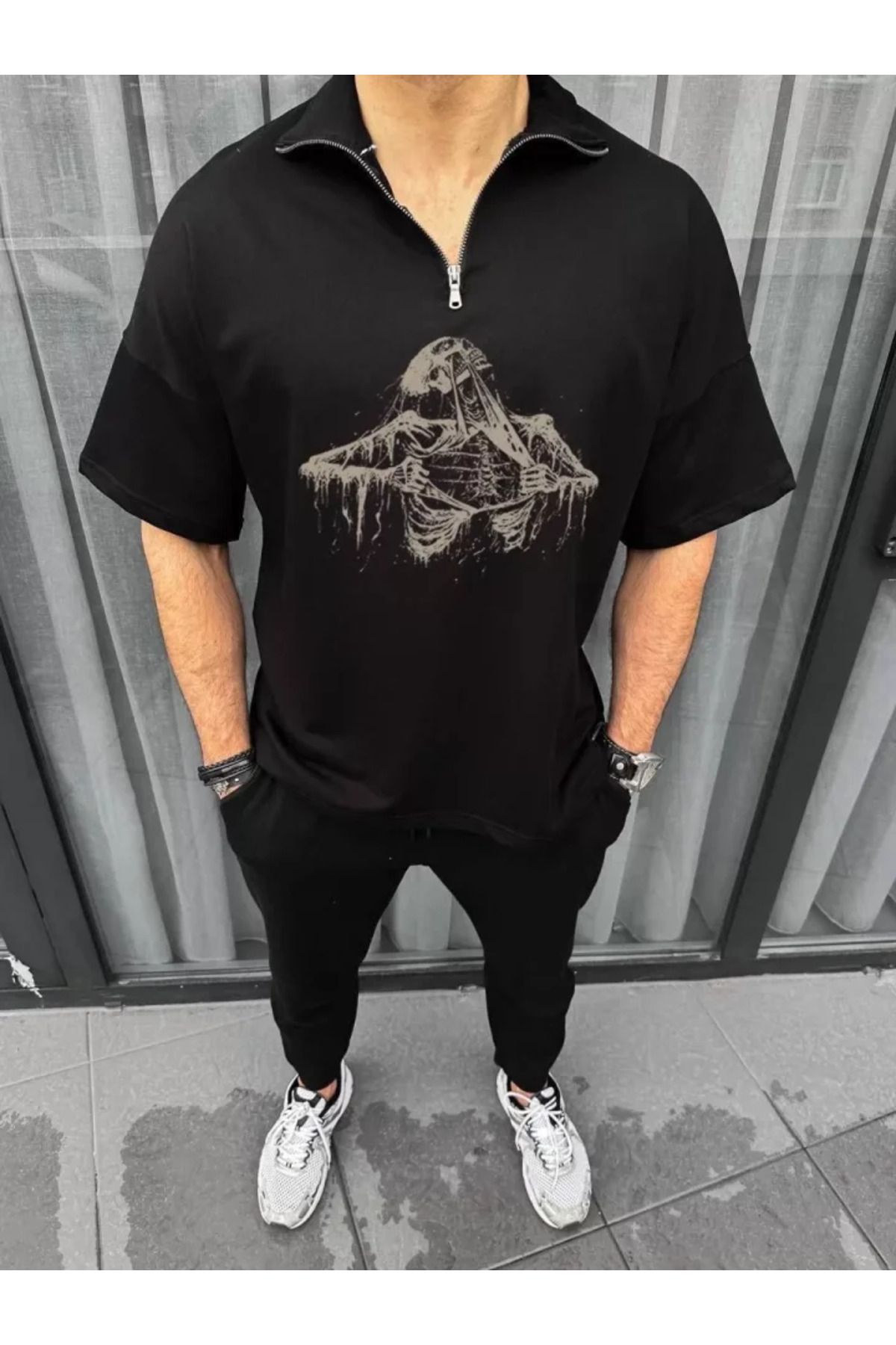 Asap Unisex Yarım Fermuarlı Baskılı Oversize T-Shirt - Siyah