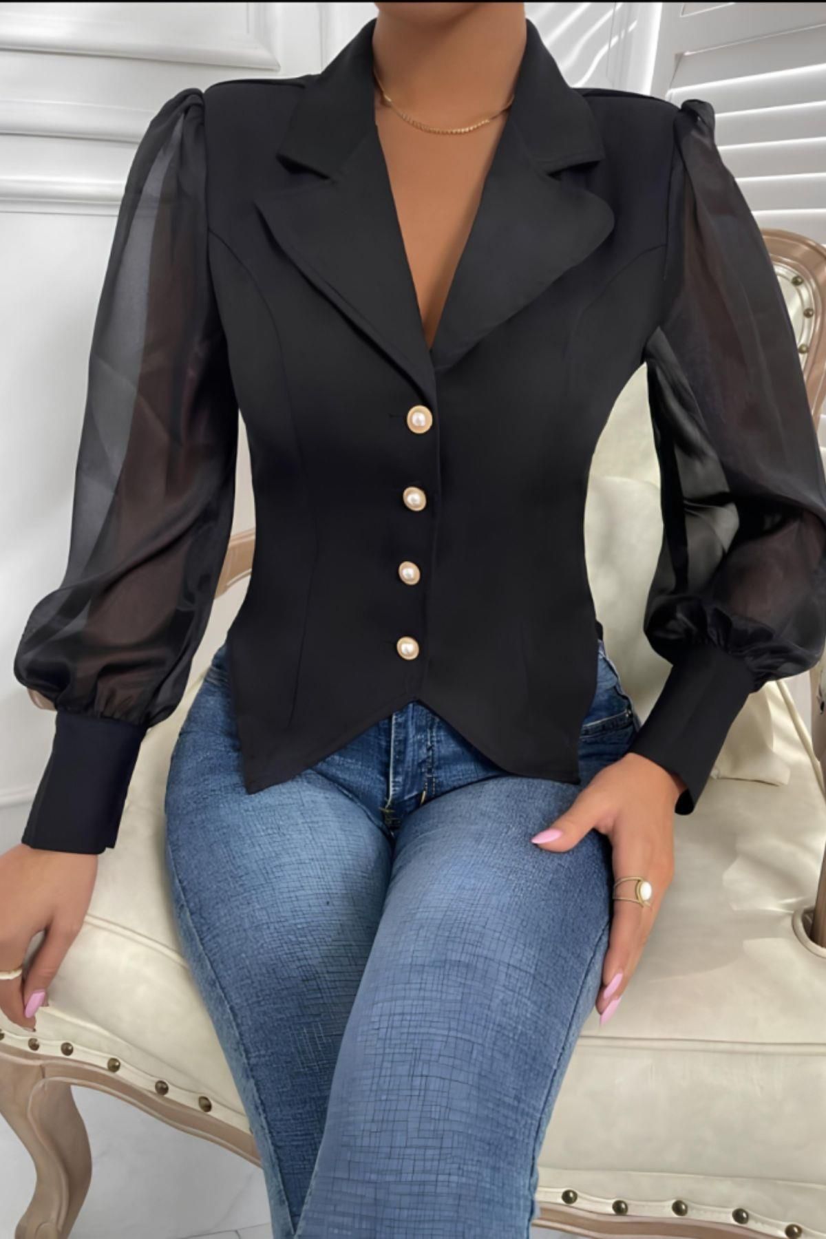 Mossta-Black Atlas Blouse - with Cufflinks and Neckline 2