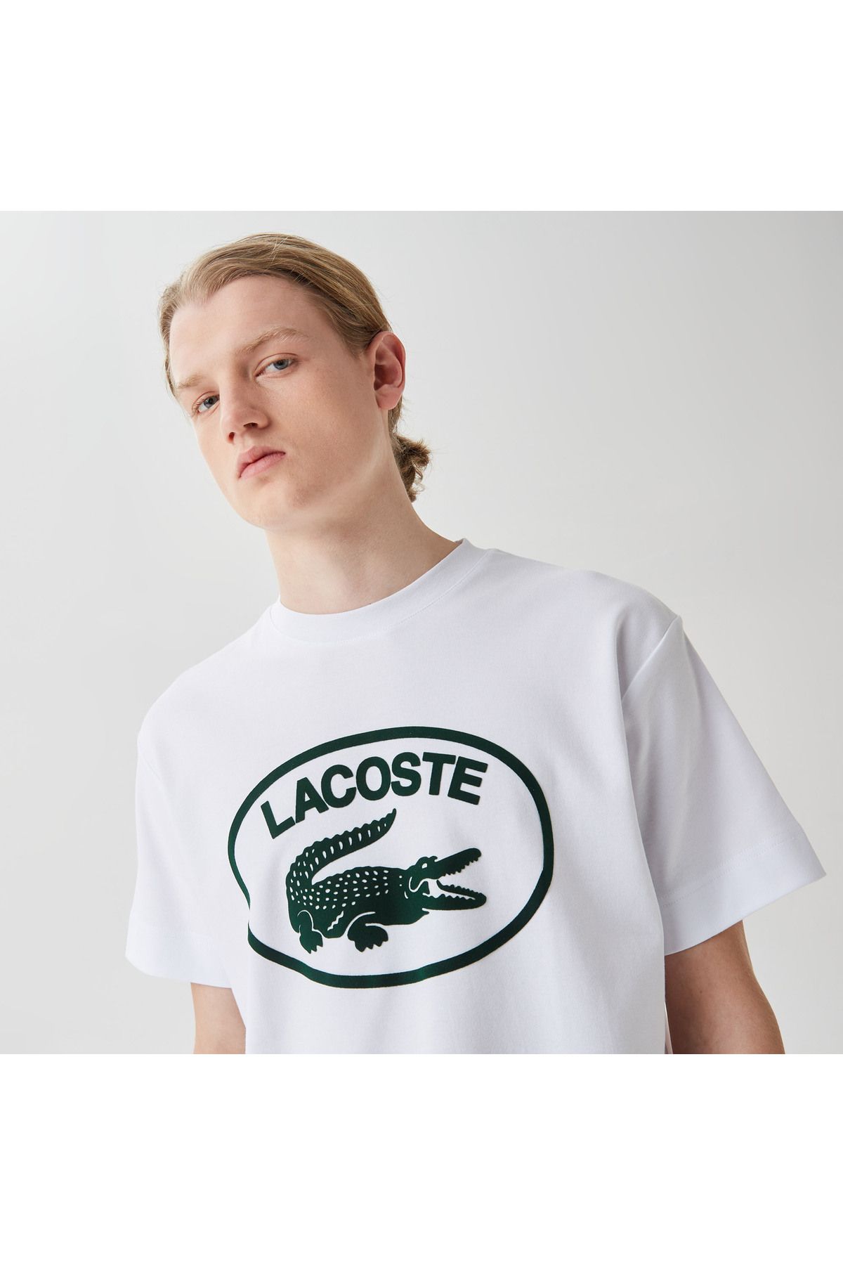 تی شرت سفید مردانه یقه دوچرخه مناسب طرح دار Lacoste