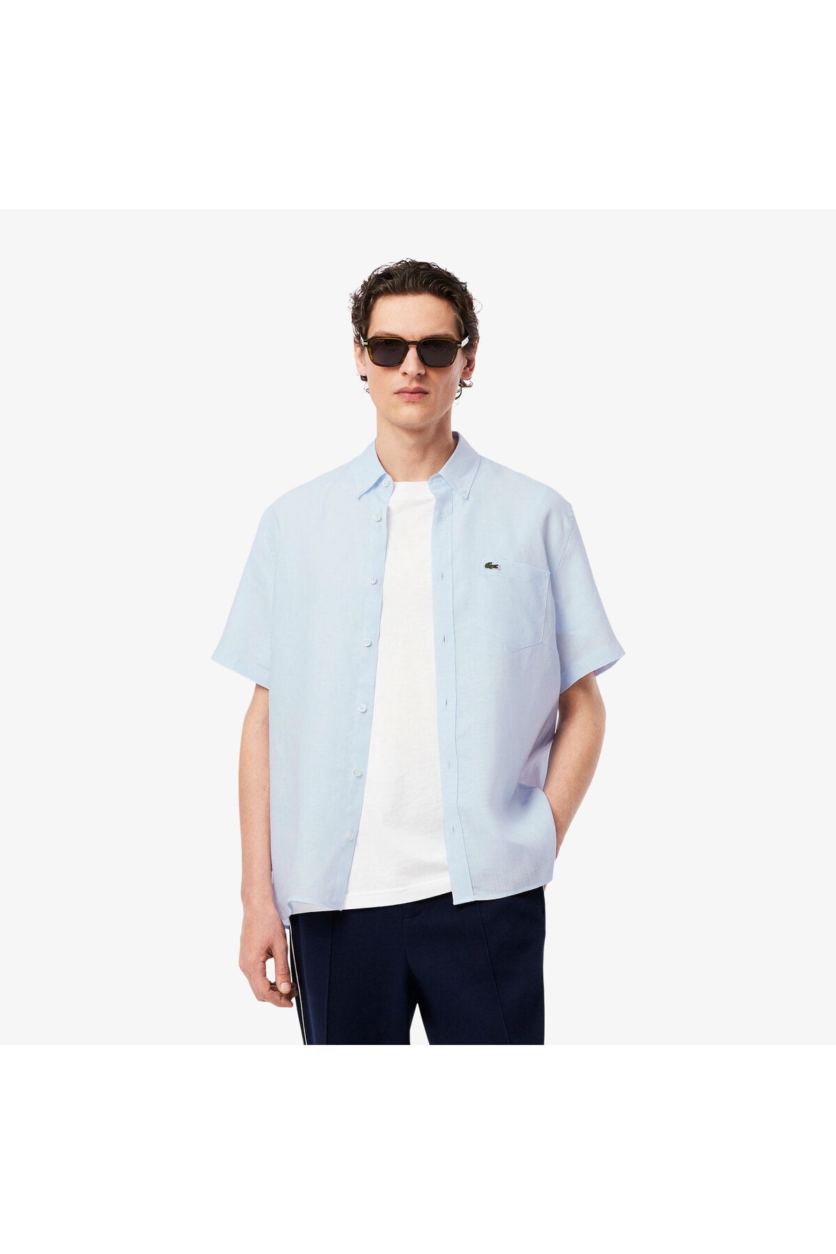 پیراهن / بلوز دکمه دار آبی مردانه مشکی متناسب با آستین کوتاه Lacoste