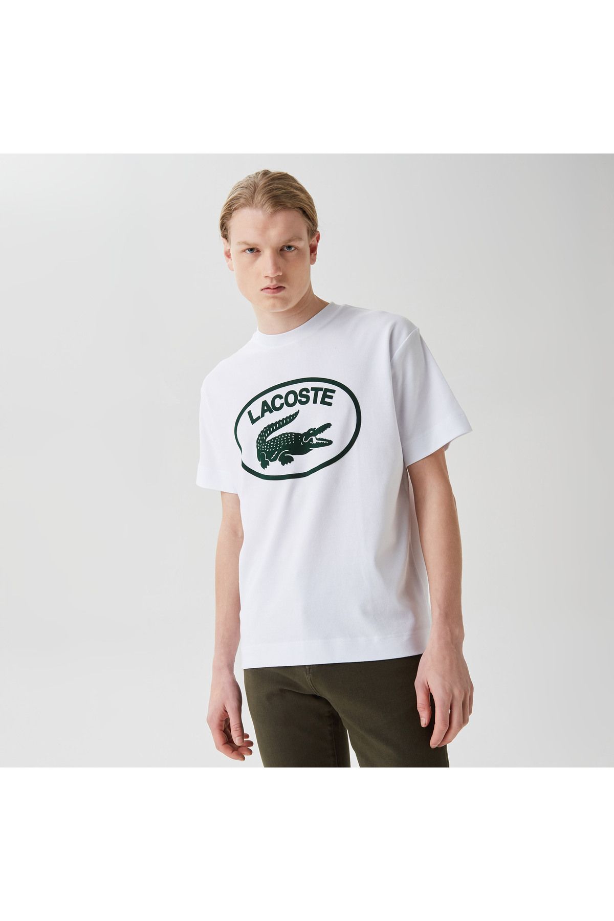تی شرت سفید مردانه یقه دوچرخه مناسب طرح دار Lacoste