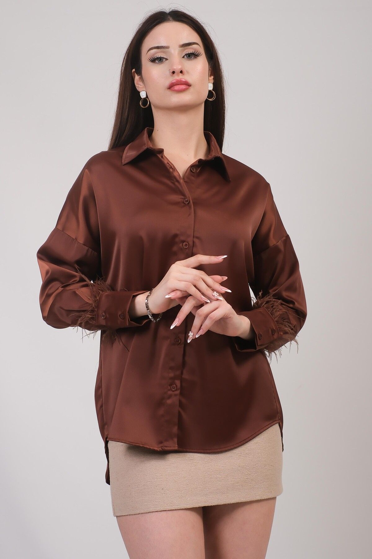 Hisleria-Oversize Model Sleeve Feather Detail Brown Satin Shirt 6