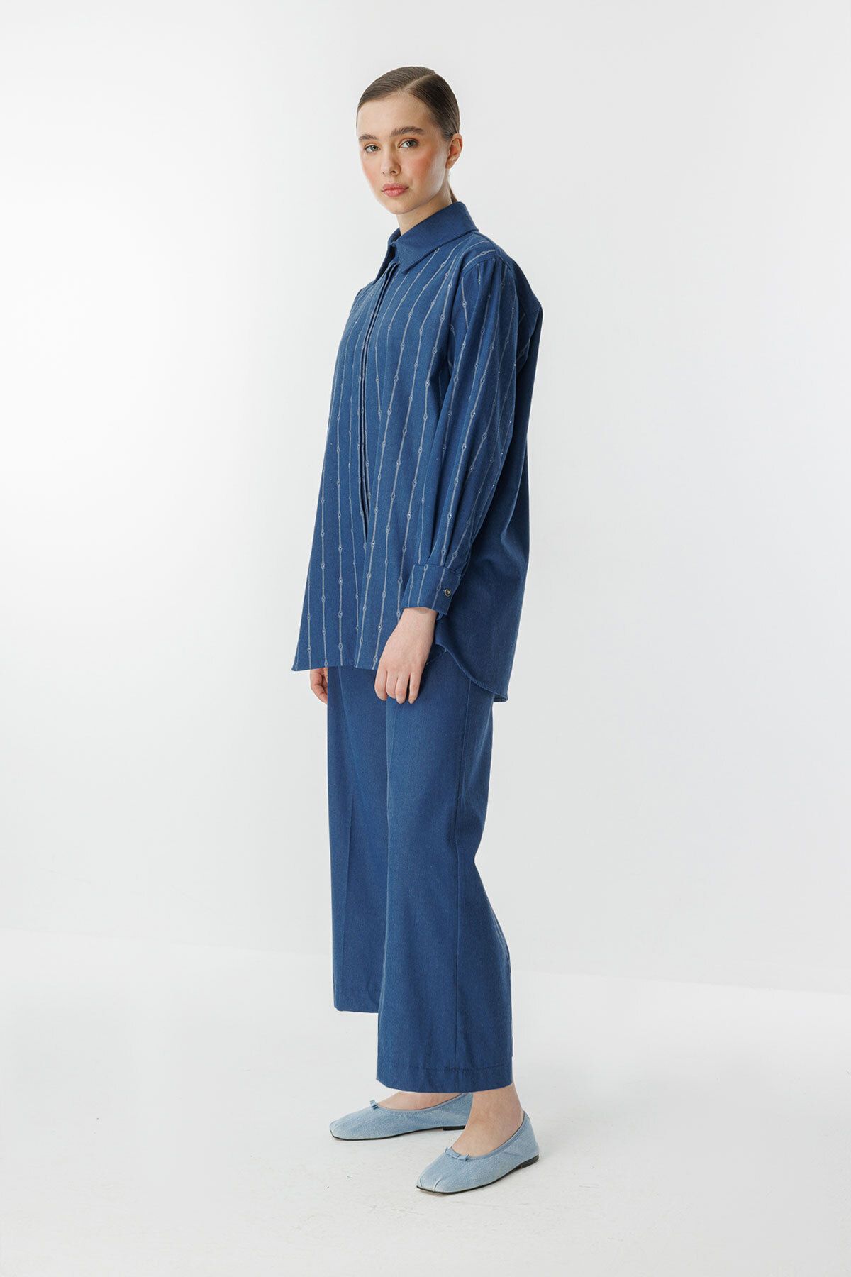 Hooopstore-Cămașă albastră din denim cu model de piatră 4