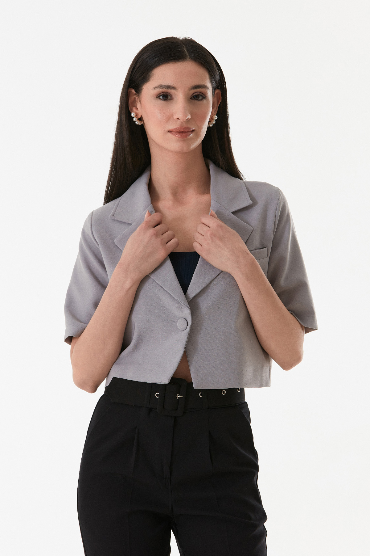 Fulla Moda-Basic Double Breasted Collar Crop Jacket 6