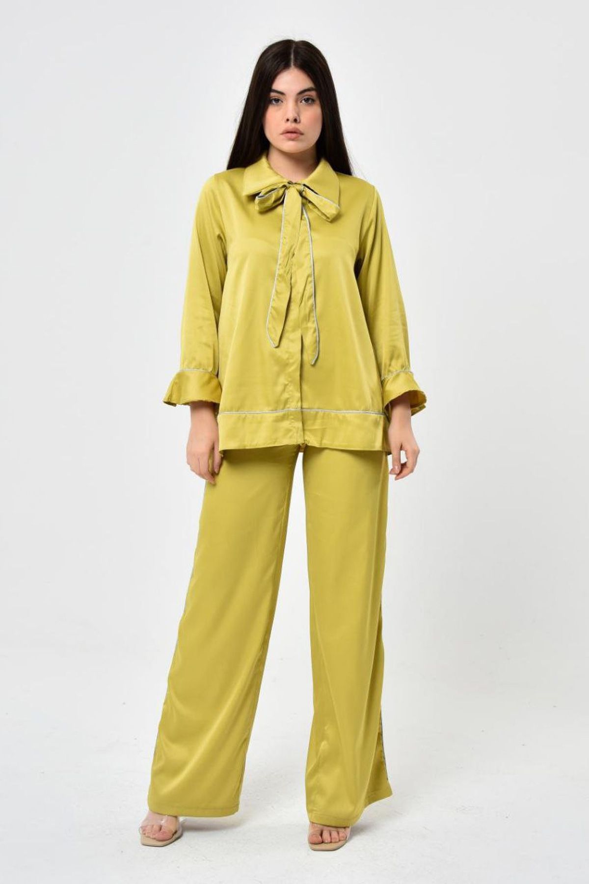 KUBOS MODA-Yellow Satin Set with Tie Collar 1