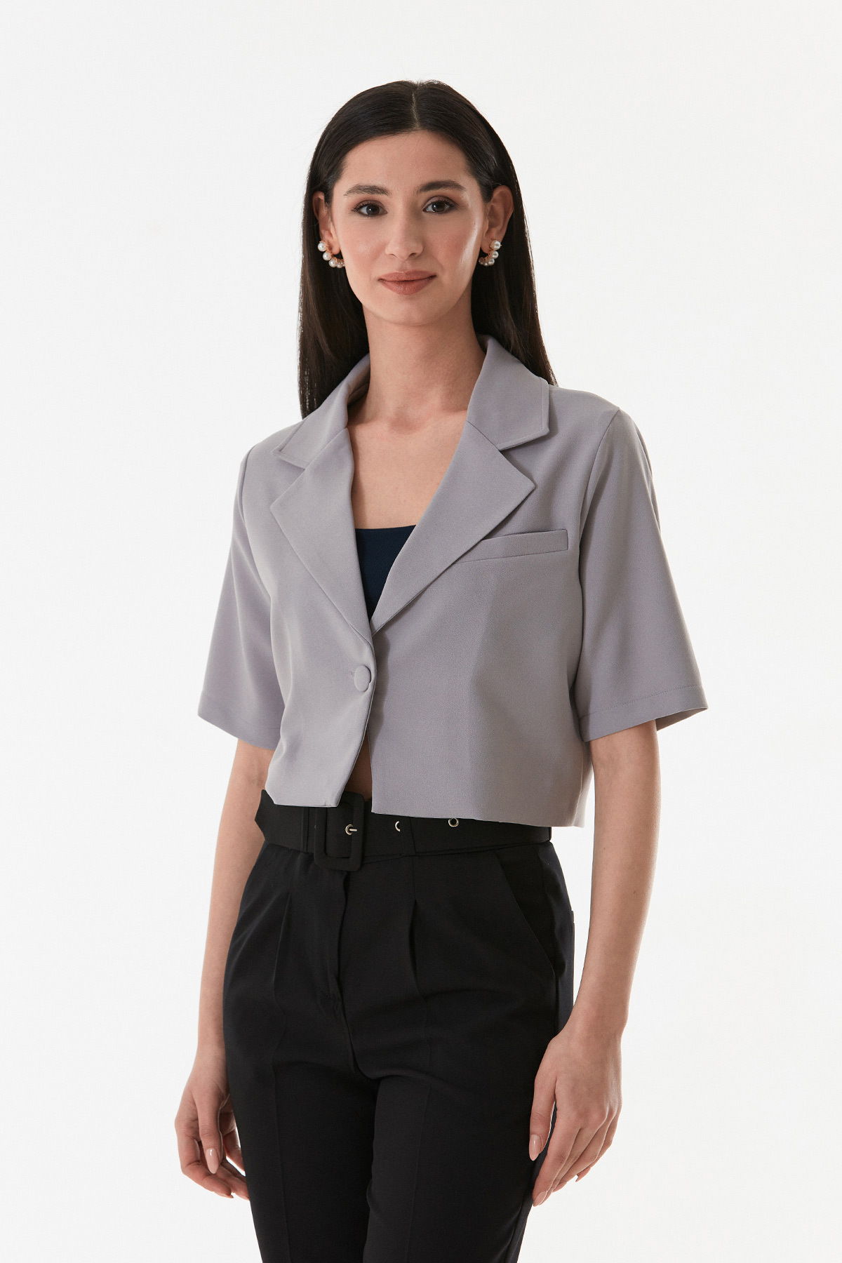 Fulla Moda-Basic Double Breasted Collar Crop Jacket 1