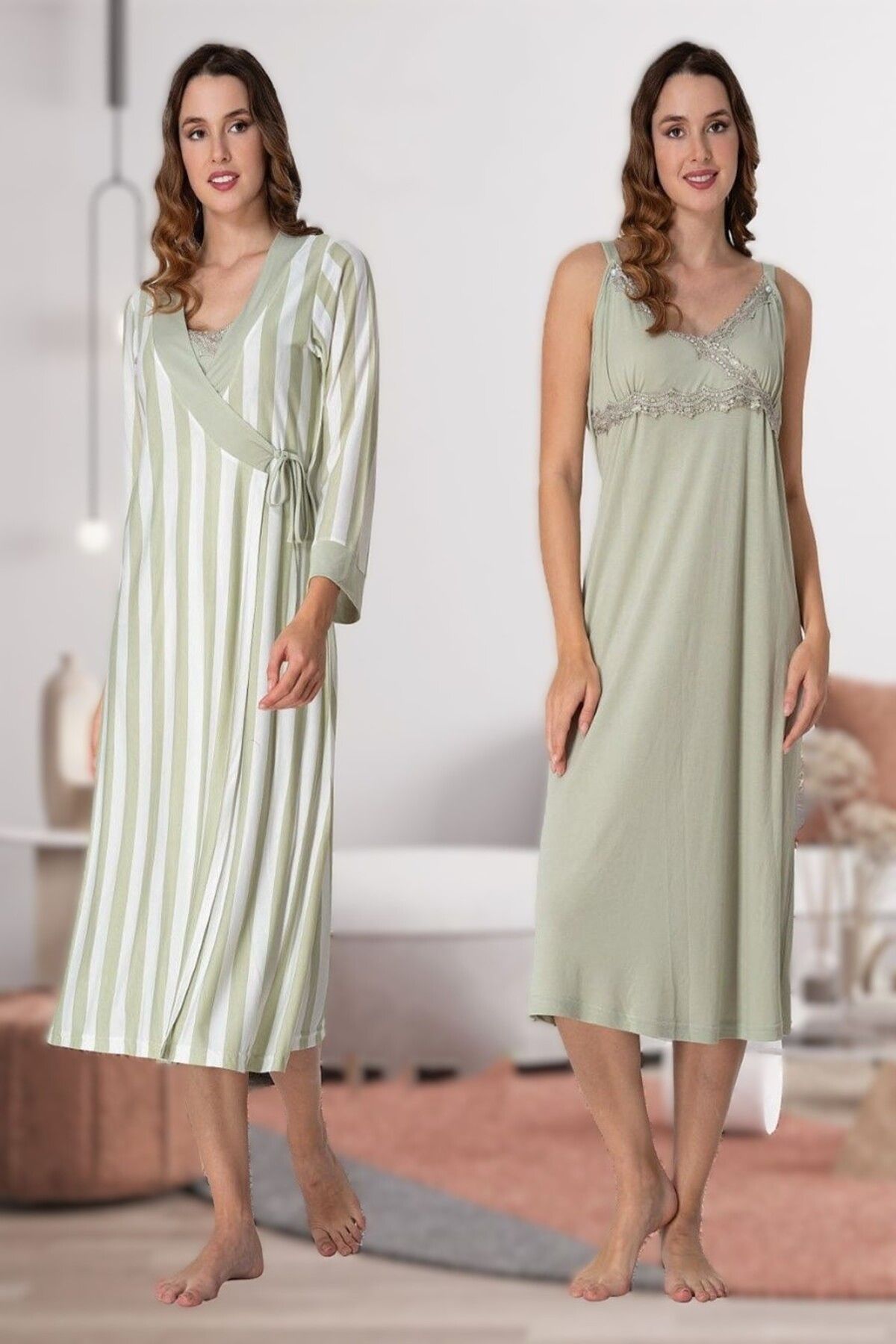 LOHOUSE-Women's Green Striped Cotton Maternity Nightgown-Morning Gown Set of 2 1