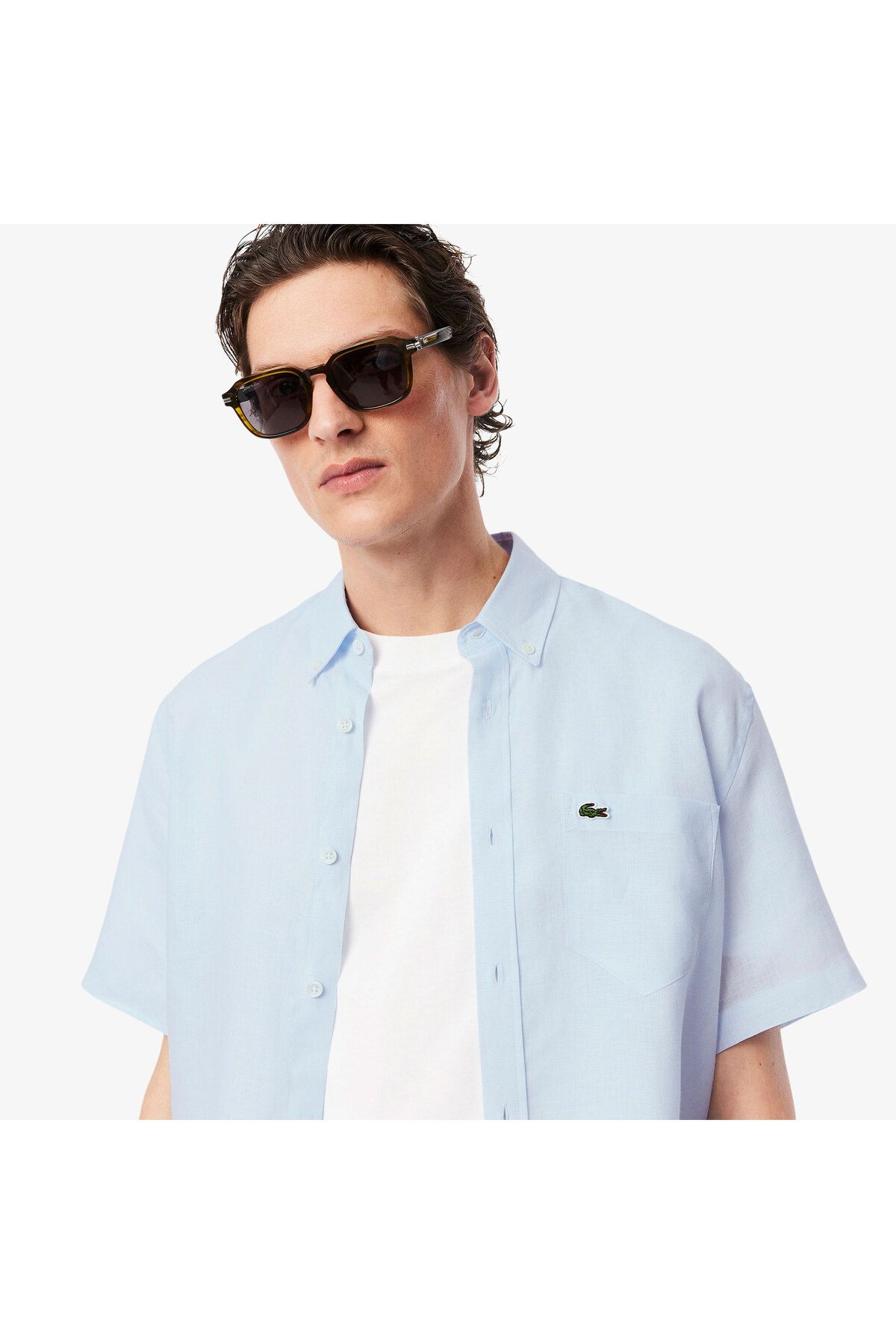 پیراهن / بلوز دکمه دار آبی مردانه مشکی متناسب با آستین کوتاه Lacoste
