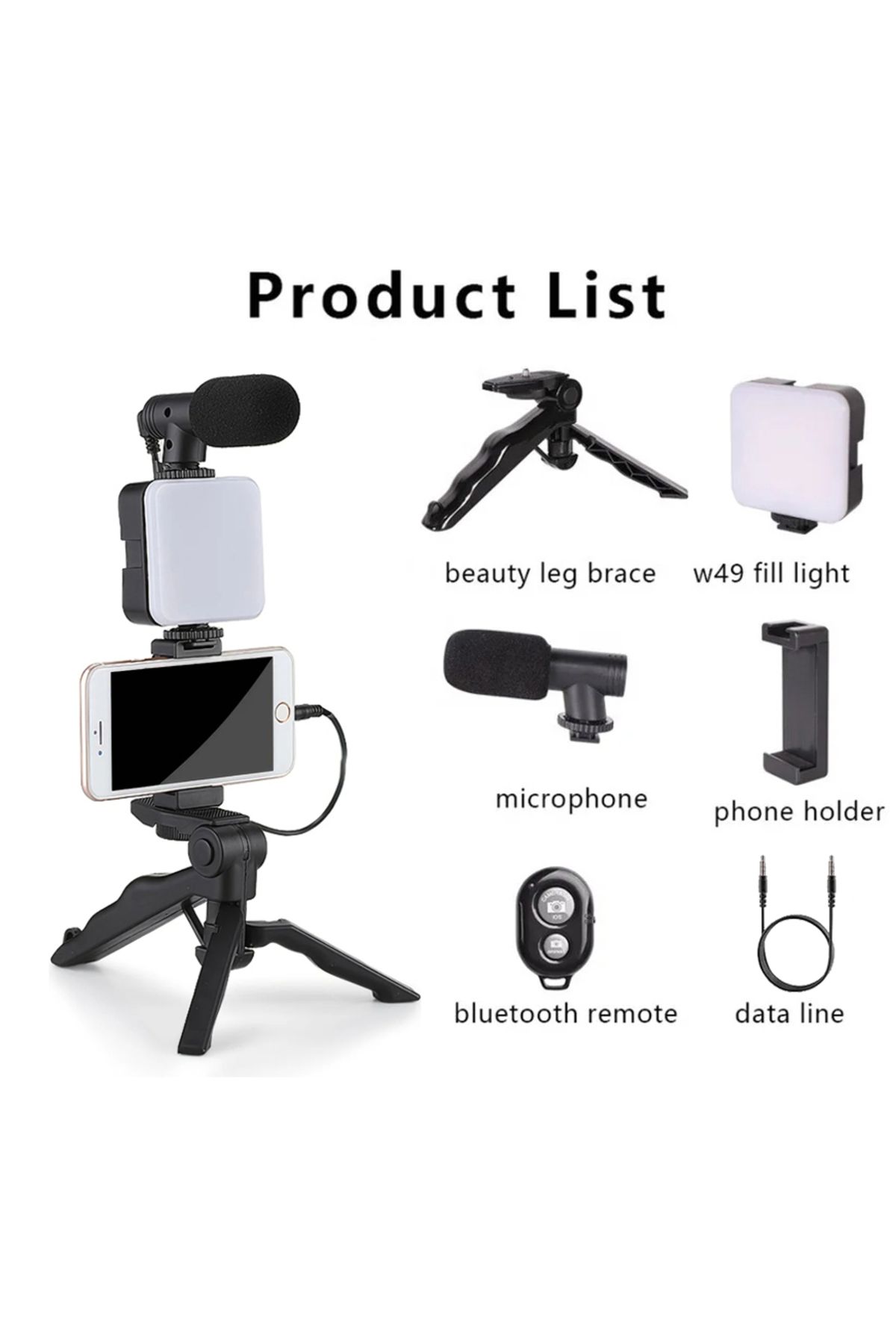 STTKGZD-Whole Set Smartphone Vlogging Kit With Tripod Phone Holder Mini Microphone Led Fill Light Starter Fo 1