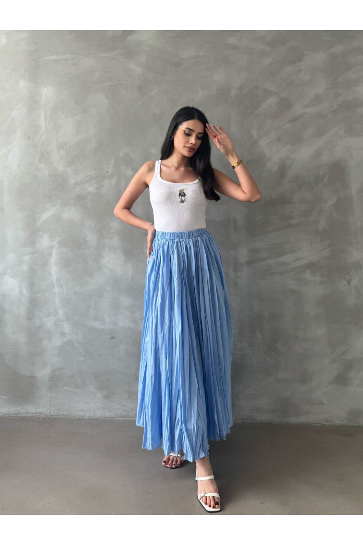 Wrinkled Elastic Waist Long Flared Maxi Skirt - Görsel 3